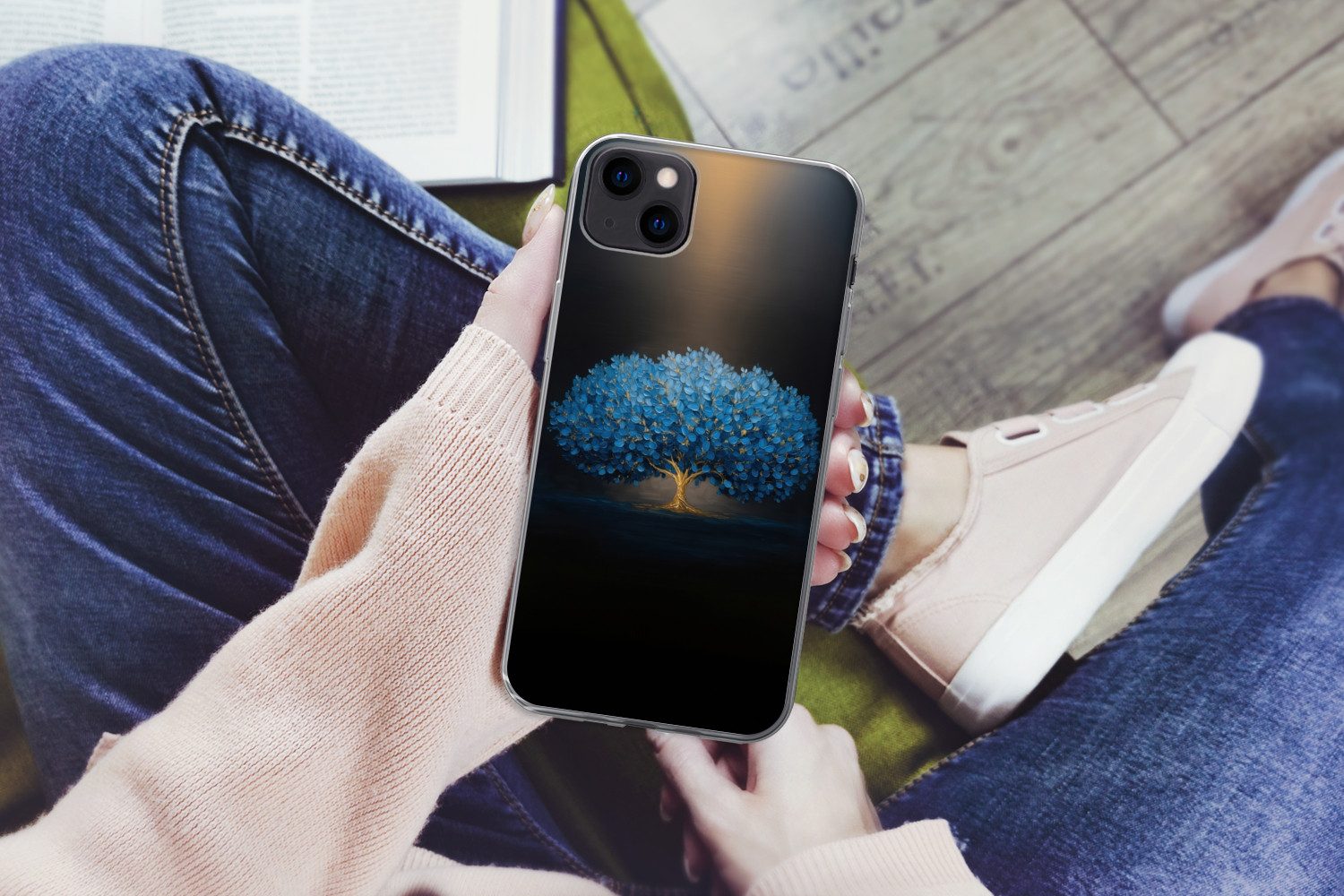 MuchoWow Handyhülle für Apple iPhone 13 mini Baum - Blau - Blätter - Pinselstriche, Smartphone-Bumper, Print, Handy Schutzhülle Dünn