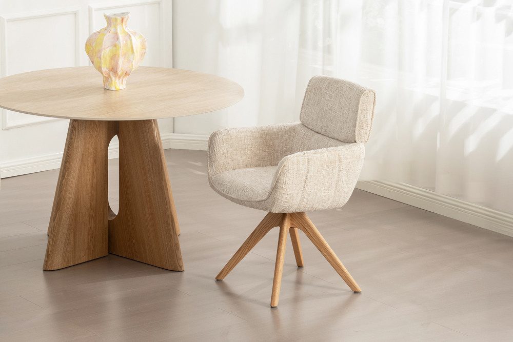 riess-ambiente Polsterstuhl UNIQUE beige - Chenille, Eichenholz, mit Armlehne, drehbar, langlebig (Einzelartikel, 1 St), mit 180° Drehfunktion und Autoreturn – ideal für Esszimmer oder Küche