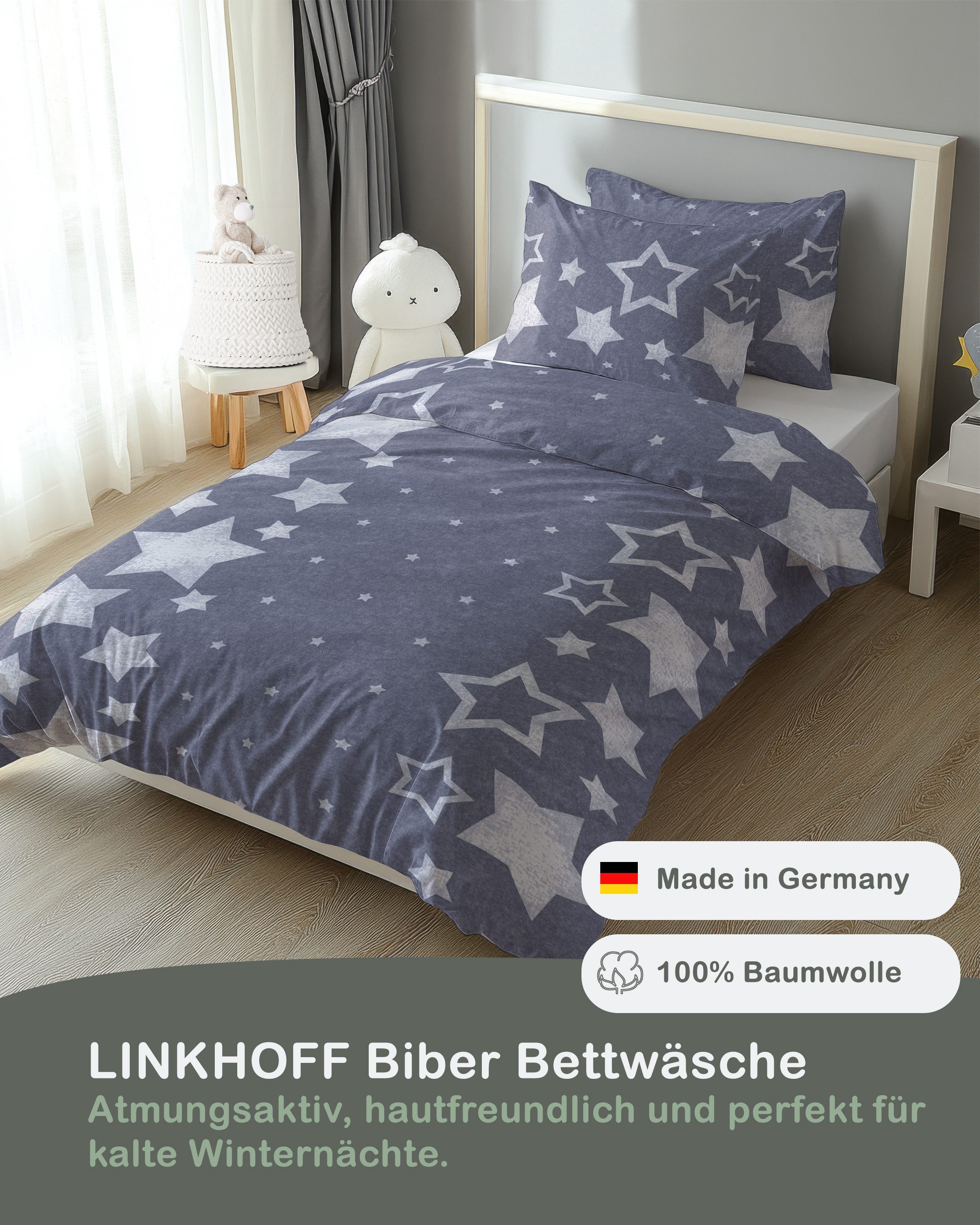 LINKHOFF Kinderbettwäsche Biber Bettwäsche 135x200cm Blau Sterne 100% Baumw günstig online kaufen