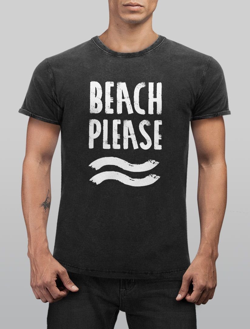 Look Shirt Please Fit mit Neverless® Urlaub Herren Used Strand Aufdruck Print-Shirt Beach Cooles T-Shirt Print Slim schwarz Neverless Vintage Angesagtes