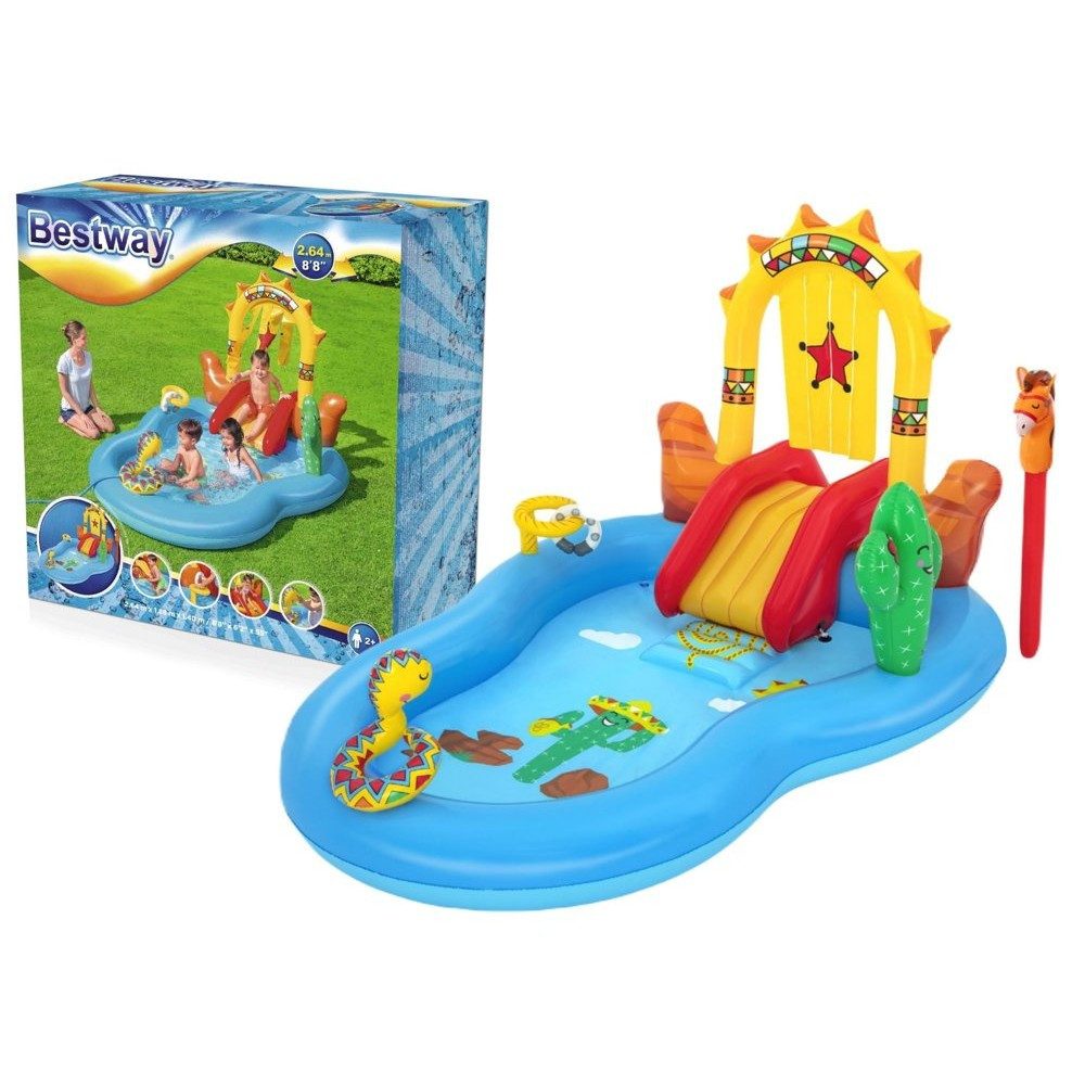 BESTWAY Planschbecken Wasserspielplatz Kinderbecken Gartenspaß, (Spar-Set, 1-tlg., 295 x 190 x 137 cm bunt), Rutsche, Wasserfontäne, Ballspiel, Ringewerfen