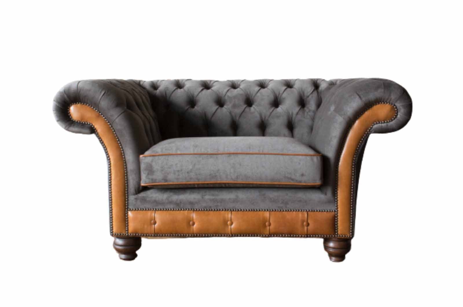 Chesterfield-Sessel JVmoebel HELLBRAUNES LEDER UND 1,5-SITZER SAMT SCHIEFERGRAUER CHESTERFIELD