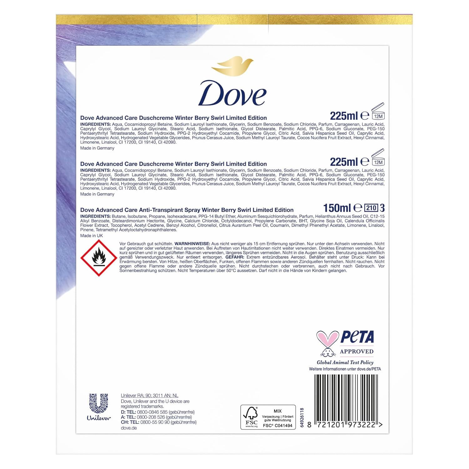DOVE Pflege-Geschenkset 1x Dove Geschenkset "Verzaubert" Winter Limited Edition, 1-tlg., mit 2x Duschcreme und Anti Transpirant 225 ml + 225 ml + 150 ml