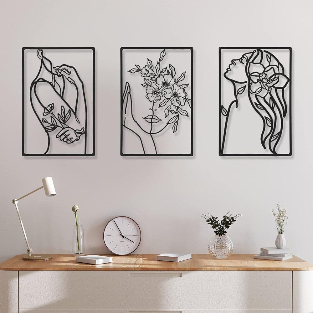 TUWENA Wanddekoobjekt 3 Stück Wanddeko aus Metall, Minimalistische Wandkunst Frau Hausdeko