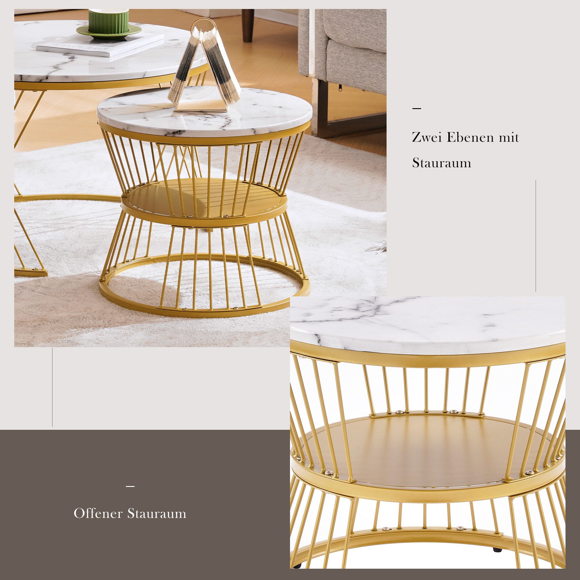 Merax Couchtisch, hochglanz mit Metallrahmen, Satztisch in Marmoroptik, Woh günstig online kaufen