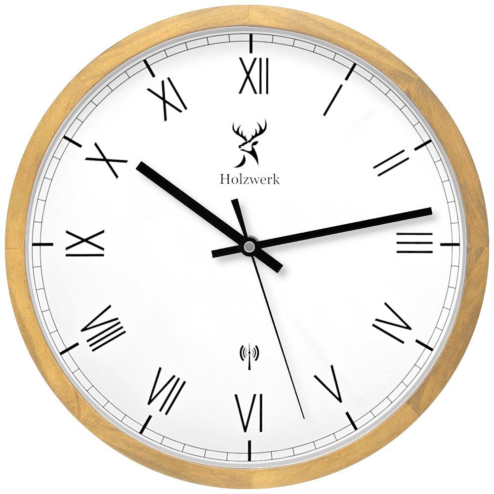 Holzwerk Funkwanduhr Designer Loft Funk Holz Wand Uhr, römische Ziffern (Na günstig online kaufen