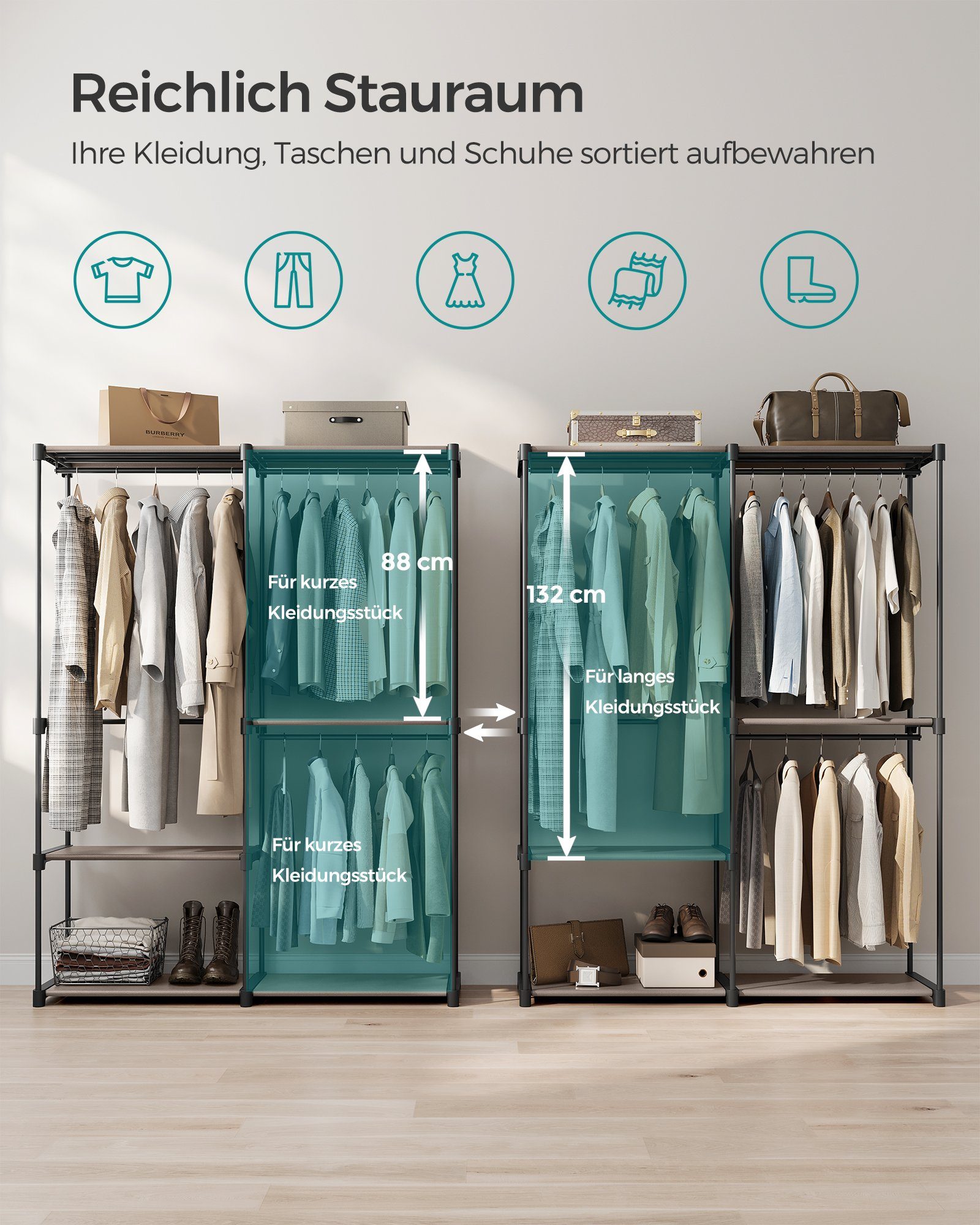 SONGMICS Kleiderständer Kleiderschrank offen, 3 Hängefächer, Kleiderstange, Garderobe – Bild 4 von 5