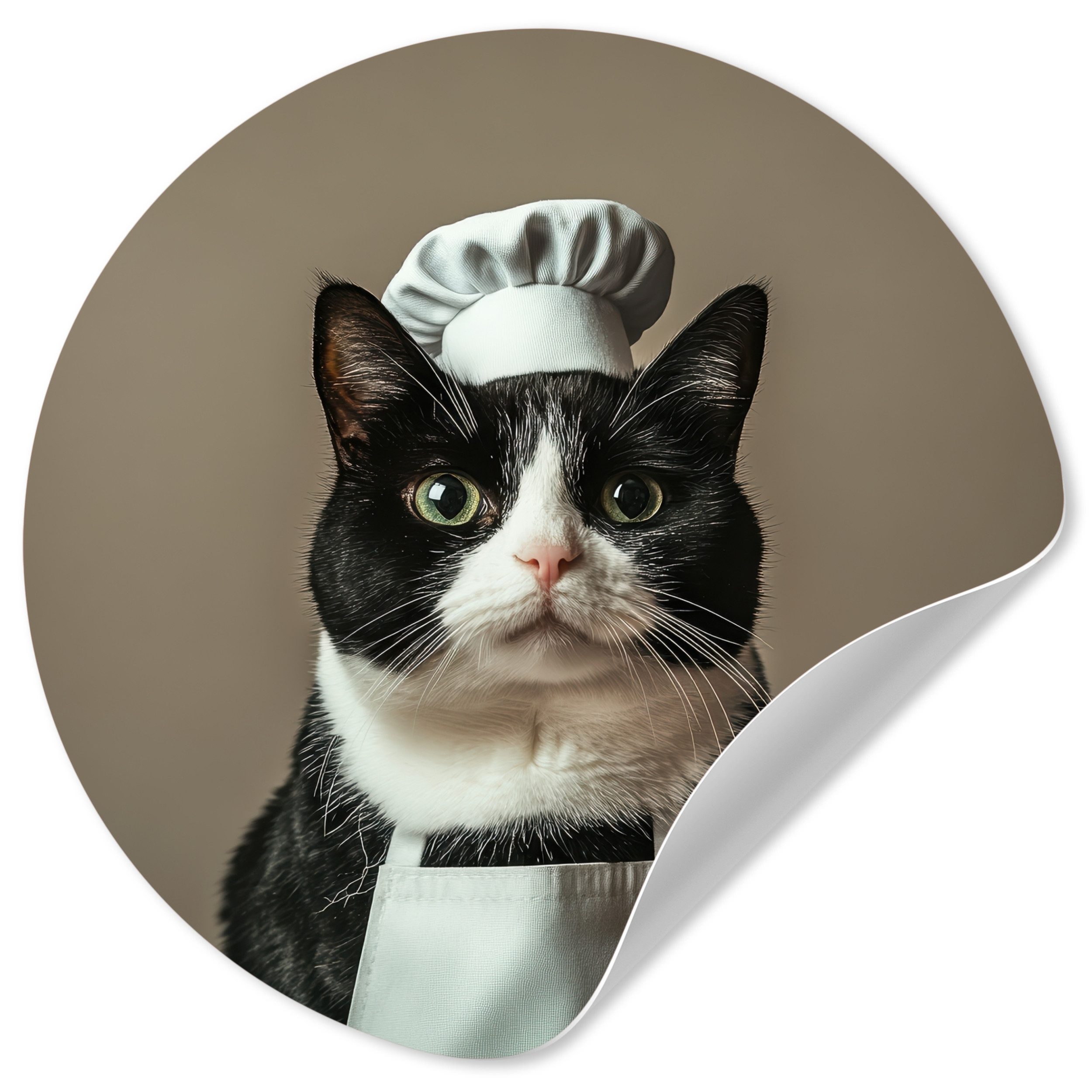 MuchoWow Wandsticker Katze - Kochkleidung - Schwarz - Weiß (1 St), Selbstklebende Runde Vliestapete, Wohnzimmer, 140x140 cm