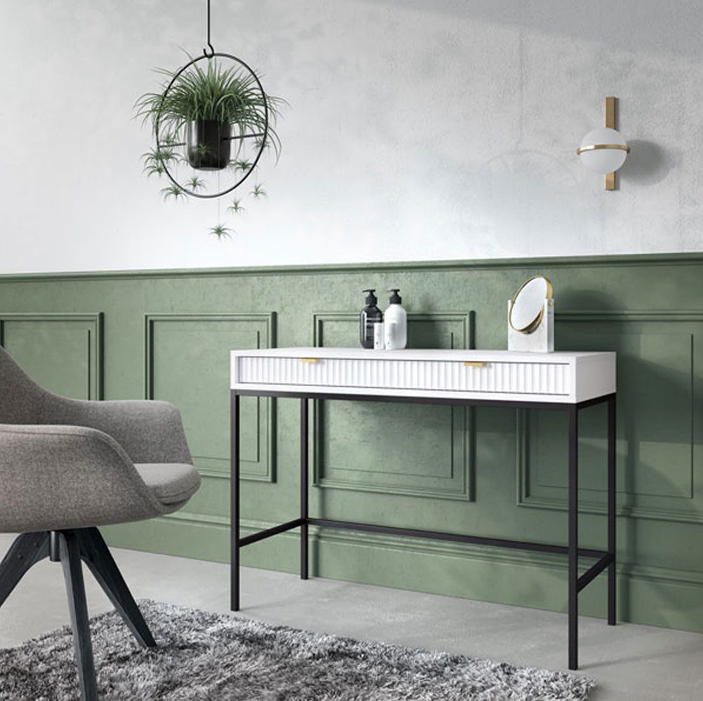 Feldmann-Wohnen Schreibtisch Nova (Metallgestell, 2 Schubladen, klare Kanten, geradliniges Design, 1-St., Riffel-Optik Front, goldfarbene Metallgriffe, ABS-Kanten), 104x50x78cm, Fronten mit ausdrucksstarkem geriffelten Muster