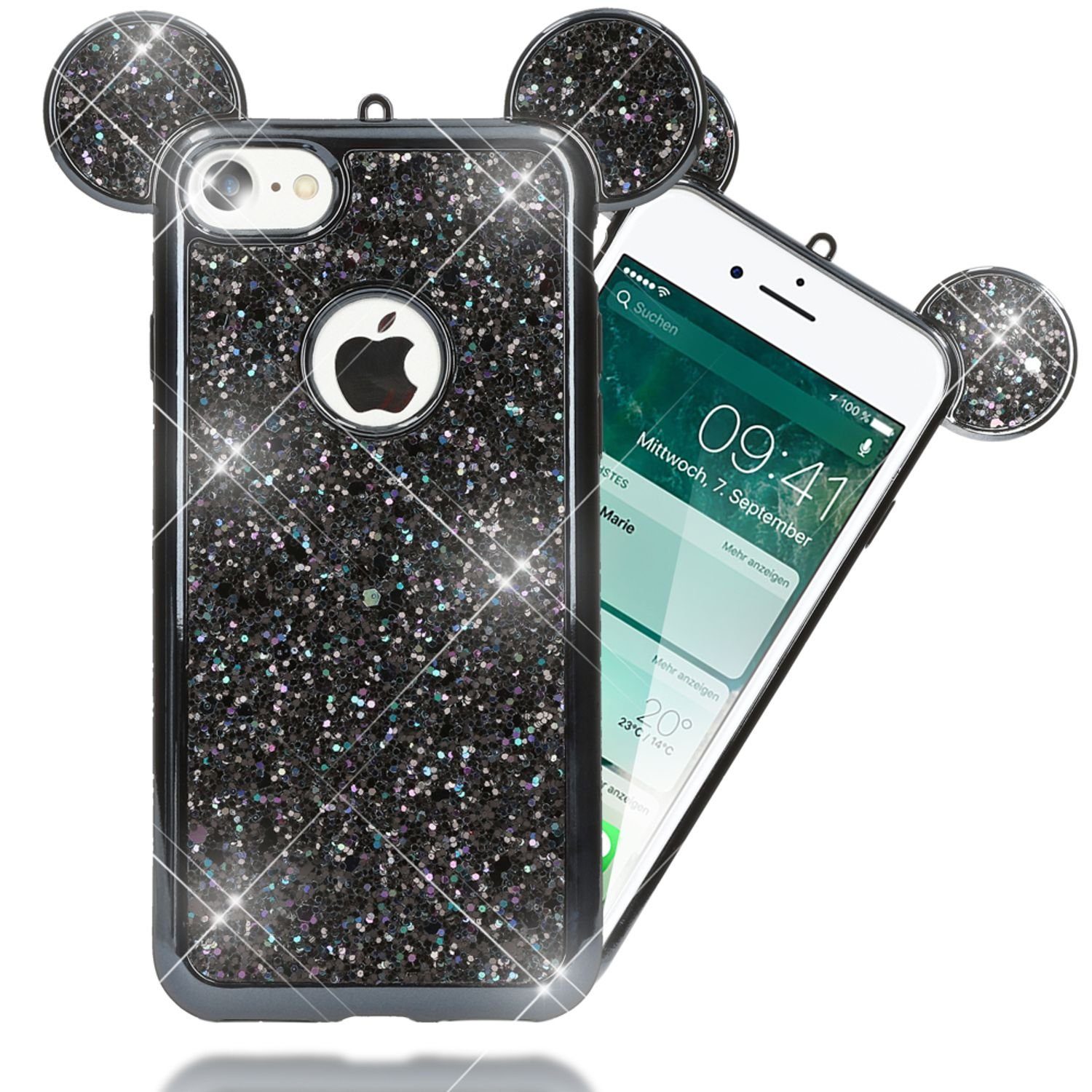 Nalia Handyhülle Apple iPhone 7, Glitzer Mouse-Look Silikon Hülle / Glitter  Case mit Maus Ohren / Pailletten