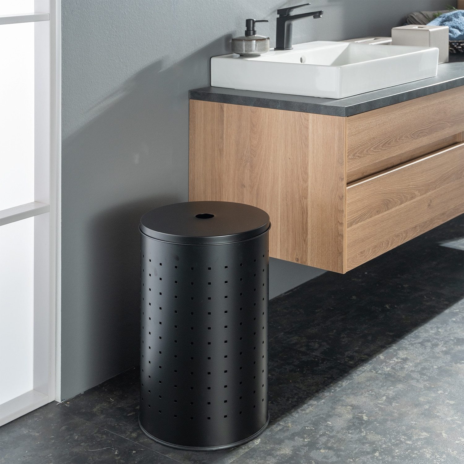 Home4You Wäschetonne Wäschesammler, 37 Liter Fassungsvermögen, Schwarz, Ø 29 cm, Edelstahl, mit Deckel und Belüftungslöcher – Bild 2 von 4