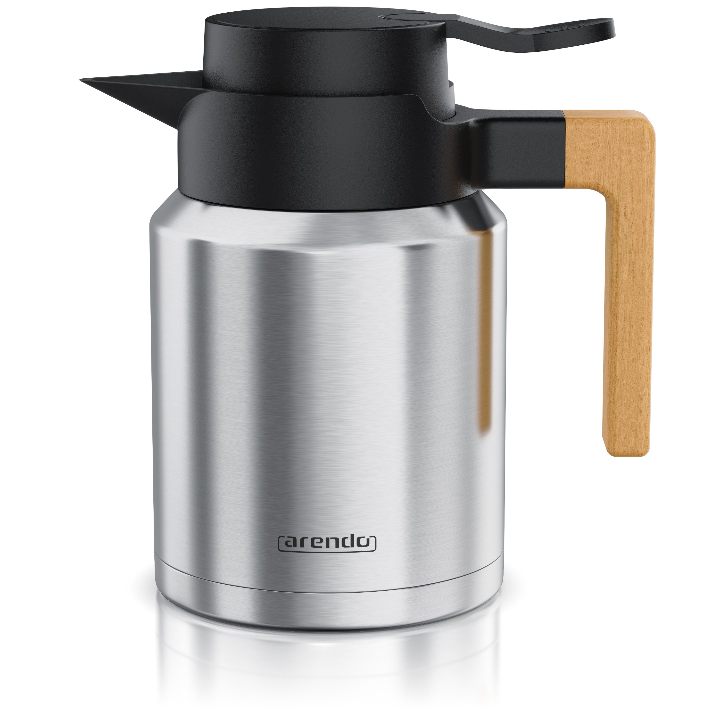 Arendo Isolierkanne Thermoskanne 1,2L Edelstahl mit Holzgriff, doppelwandig, auslaufsicher, 1,2 l, (1-St), 1200 ml, abnehmbarer Deckel, Quick-Tip-Verschluss, BPA-frei