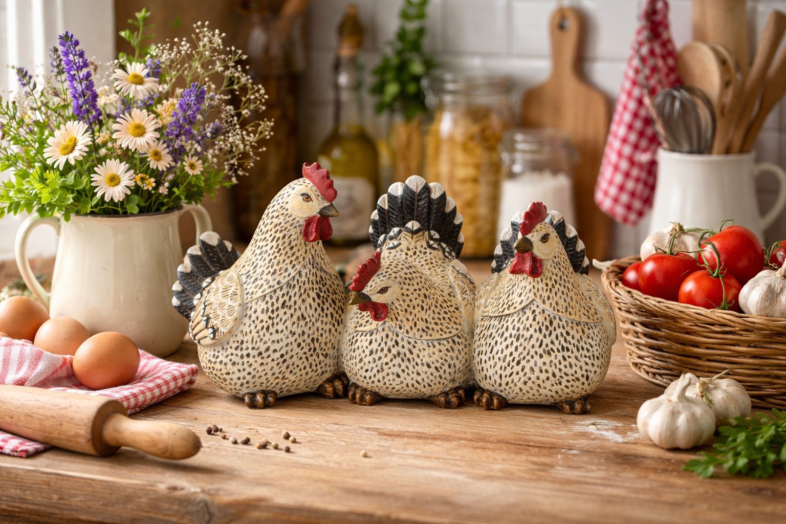 finehomegarden Dekofigur Deko Hühner Set 3-teilig natur/schwarz – Landhausstil Dekofiguren (1 St), aus Polyresin,29,5x15 cm Hoch ca. 17cm Ostern Skuptur Bauernhof