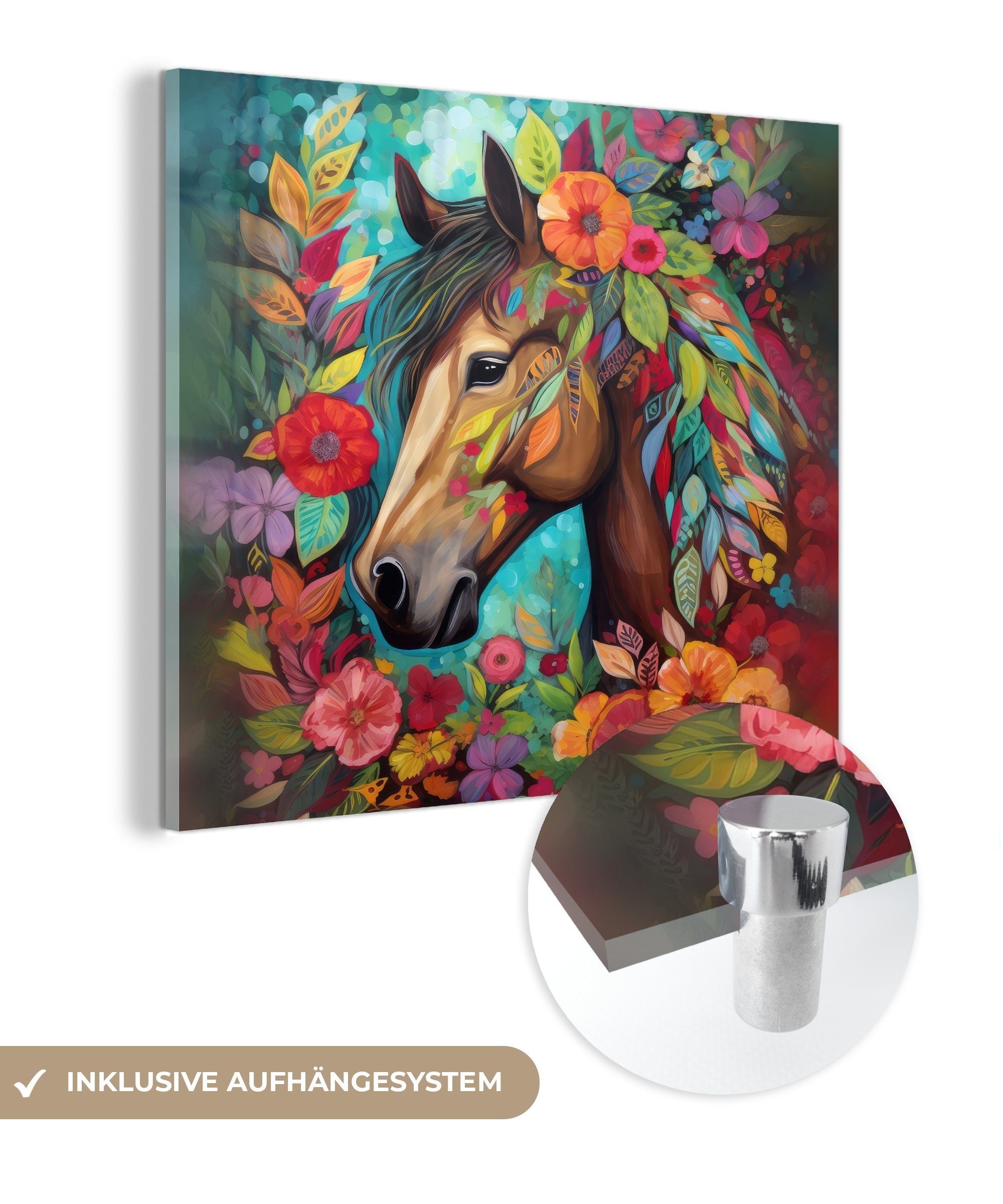 MuchoWow Acrylglasbild Pferd - Blumen - Malerei - Natur - Farbe, (1 St), Glasbilder - Bilder auf Glas Wandbild - Foto auf Glas - Wanddekoration