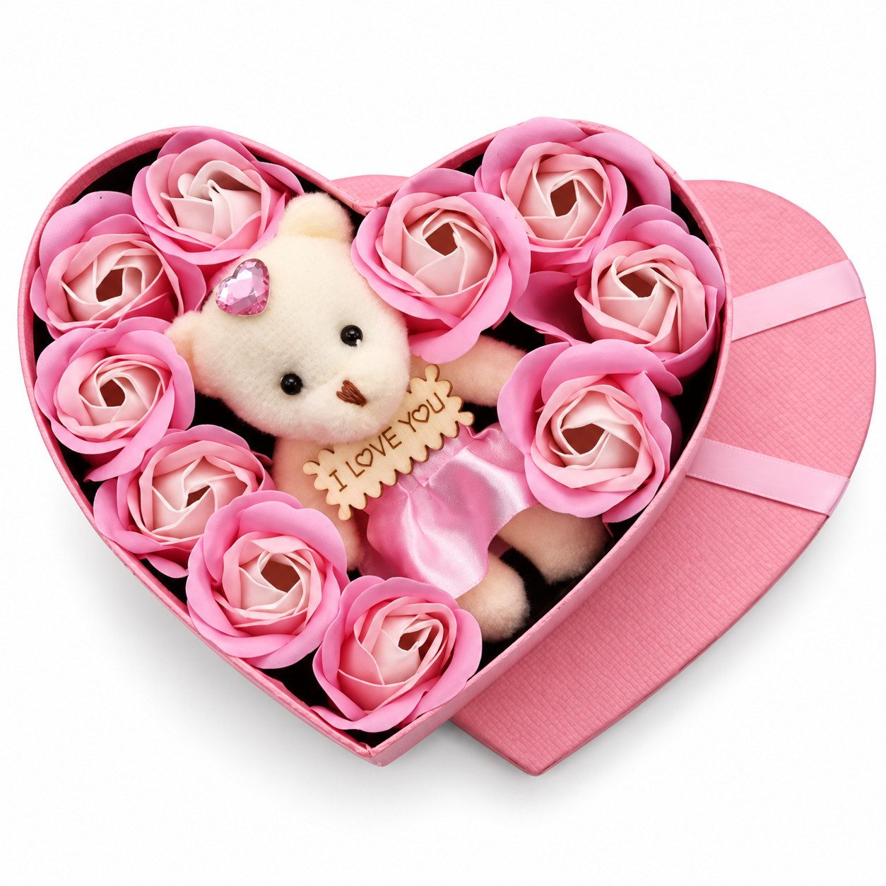 Kunstblume Rosenbox mit Teddy in Herzform – künstliche Rosen Rose, Norvéa Home, Herzförmige Rosenbox mit Teddy und langlebigen Kunstrosen