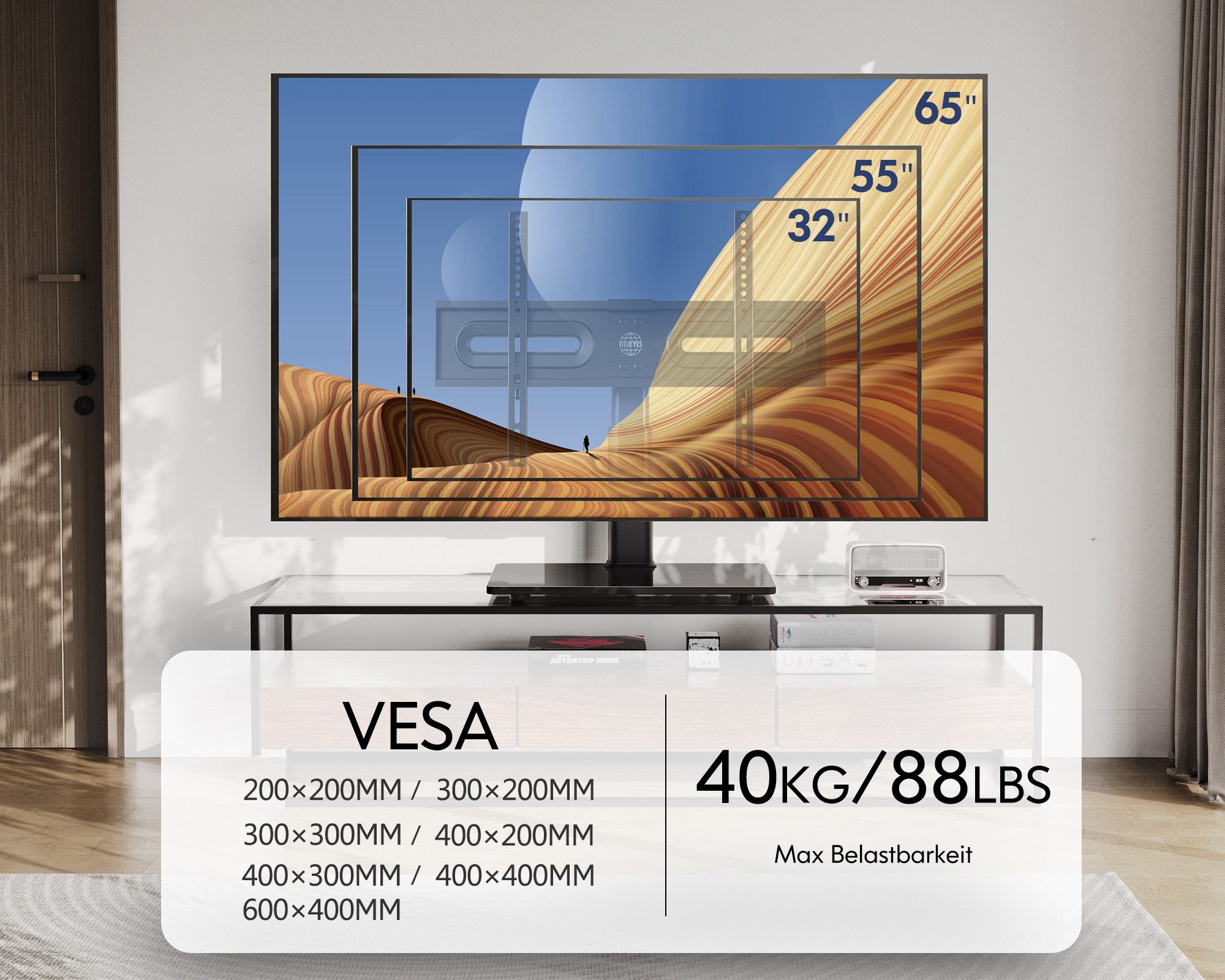 FITUEYES TV-Standfuß TV-Tischständer, ±40° schwenkbar, 32-65 Zoll, (bis 32,00 Zoll, höhenverstellbar, Bodenplatte aus gehärtetem Sicherheitsglas) – Bild 4 von 5