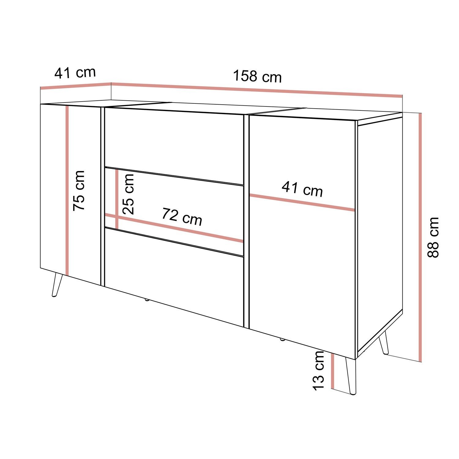 Lookway Kommode ONYX goldene Beine Hochglanz Push-Open / Goldgriffe 158 cm