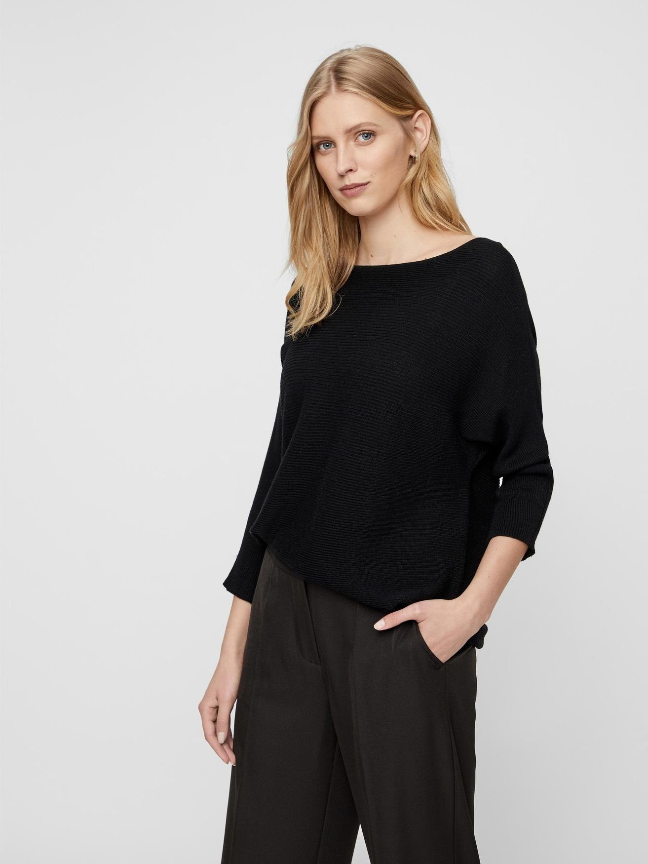 Vero Moda Strickpullover Eleganter 3/4 Arm Rippstrick Pullover VMNORA 4818 in Schwarz