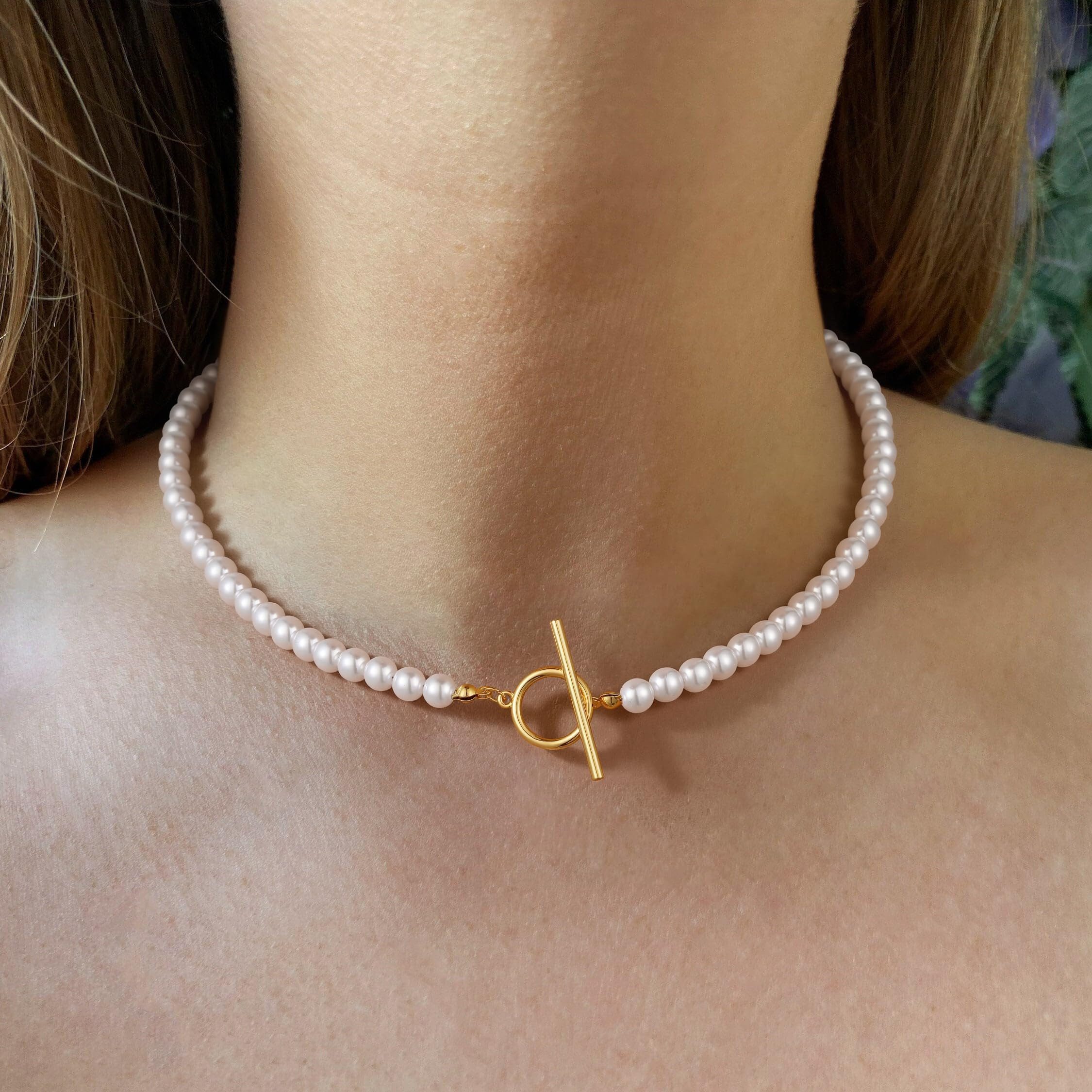 MOPUEA Perlenkette Perlen Halskette Damen aus Süßwasserperlen 45 cm (Set, 1-tlg., Elegante Perlenkette in Goldoptik mit klassischem Design), Halskette für Fraue – Bild 3 von 5