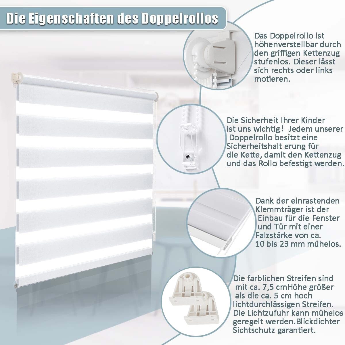 Doppelrollo Ohne Bohren, Weiß/Beige/Anthrazit, OUBO, freihängend, verspannt, Klemmfix, Klemmträger, Lichtschutz schnelle und einfache Montage mit beiliegendem