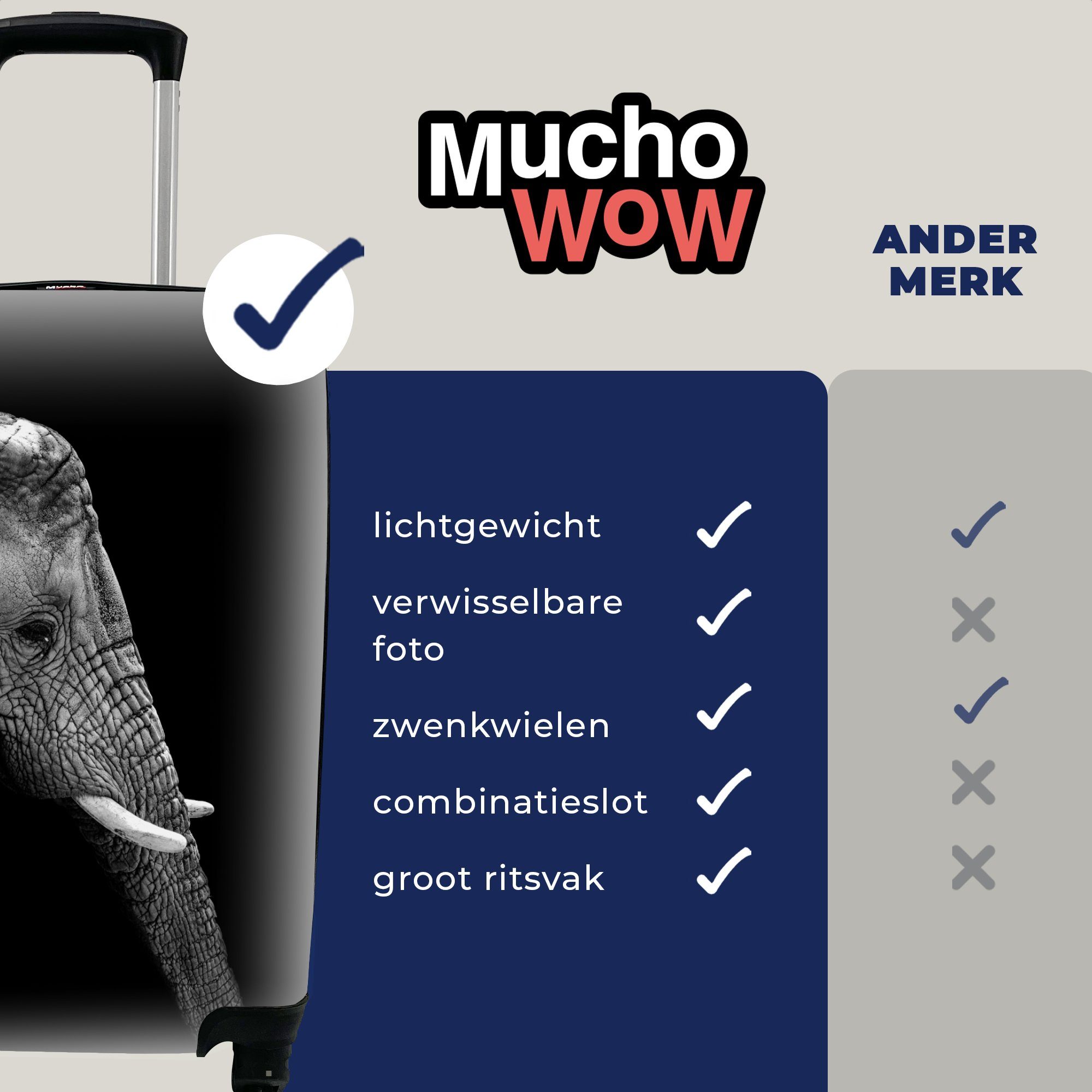 MuchoWow Handgepäckkoffer Elefant Rollen, für Ferien, Reisetasche - mit - Tiere, weiß rollen, und Reisekoffer Schwarz Porträt Handgepäck - 4 Trolley