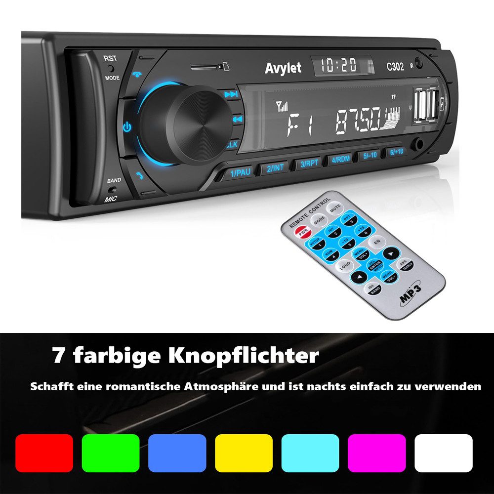 Avylet Bluetooth Autoradio mit FM/AM radio,Spotify,7 Farben Buntes Licht Autoradio (Hände frei,LCD mit Uhr,Anpassen des EQ-Sounds,Stromausfall speicher, Kompatible mit Lautsprecher, Smartphone,Android und iOS)