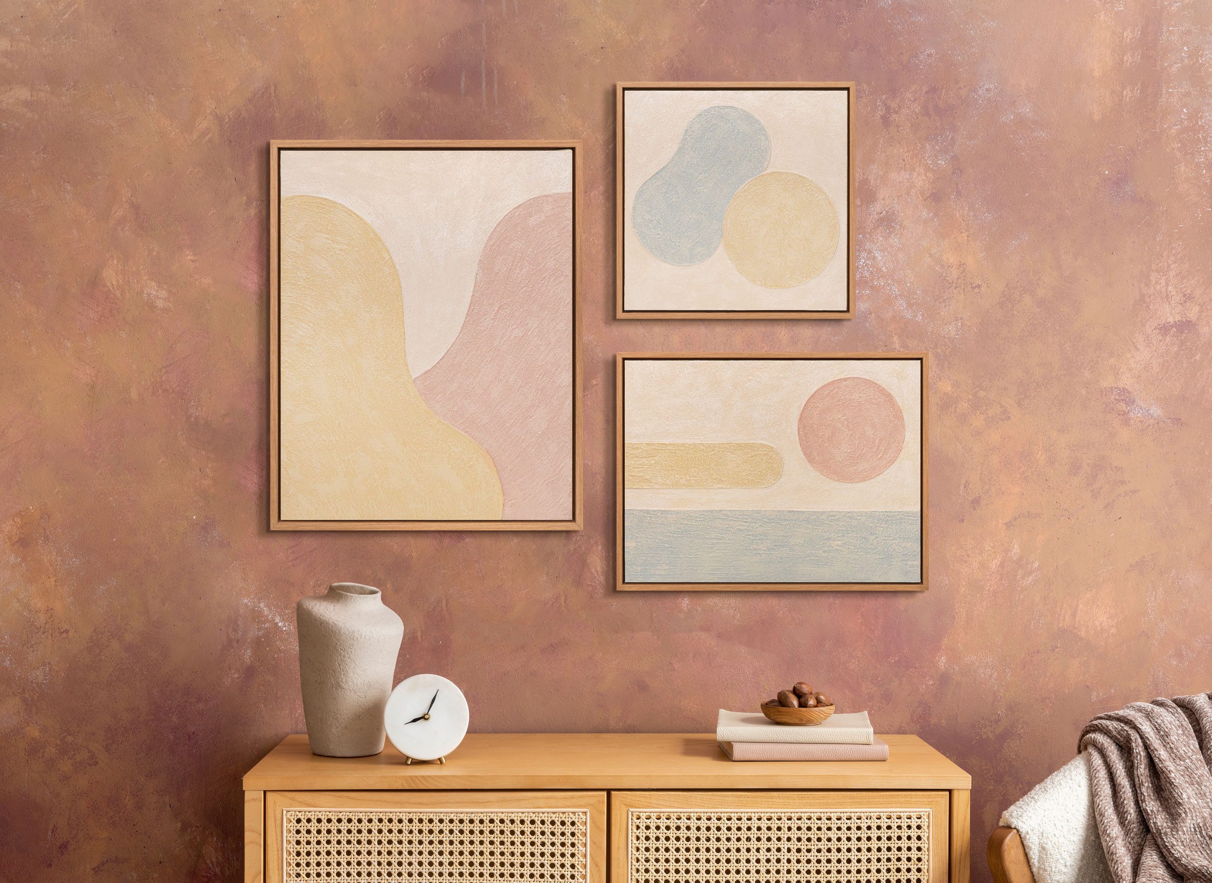 YS-Art Gemälde "Verschmelzung der Farbtöne", Organische Formen (Set, 3 St), Bilder Set mit Rahmen - Wandbilder Set Modern Abstrakt Beige