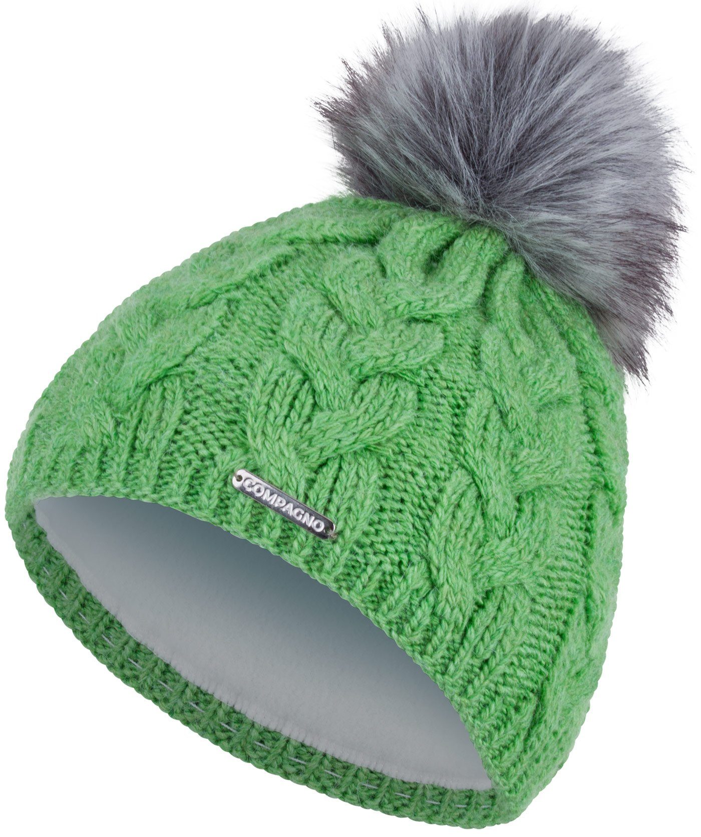compagno Bommelmütze (1-St) Bommelmütze Wintermütze Zopf-Strickmuster Damen Fleecefutter Beanie
