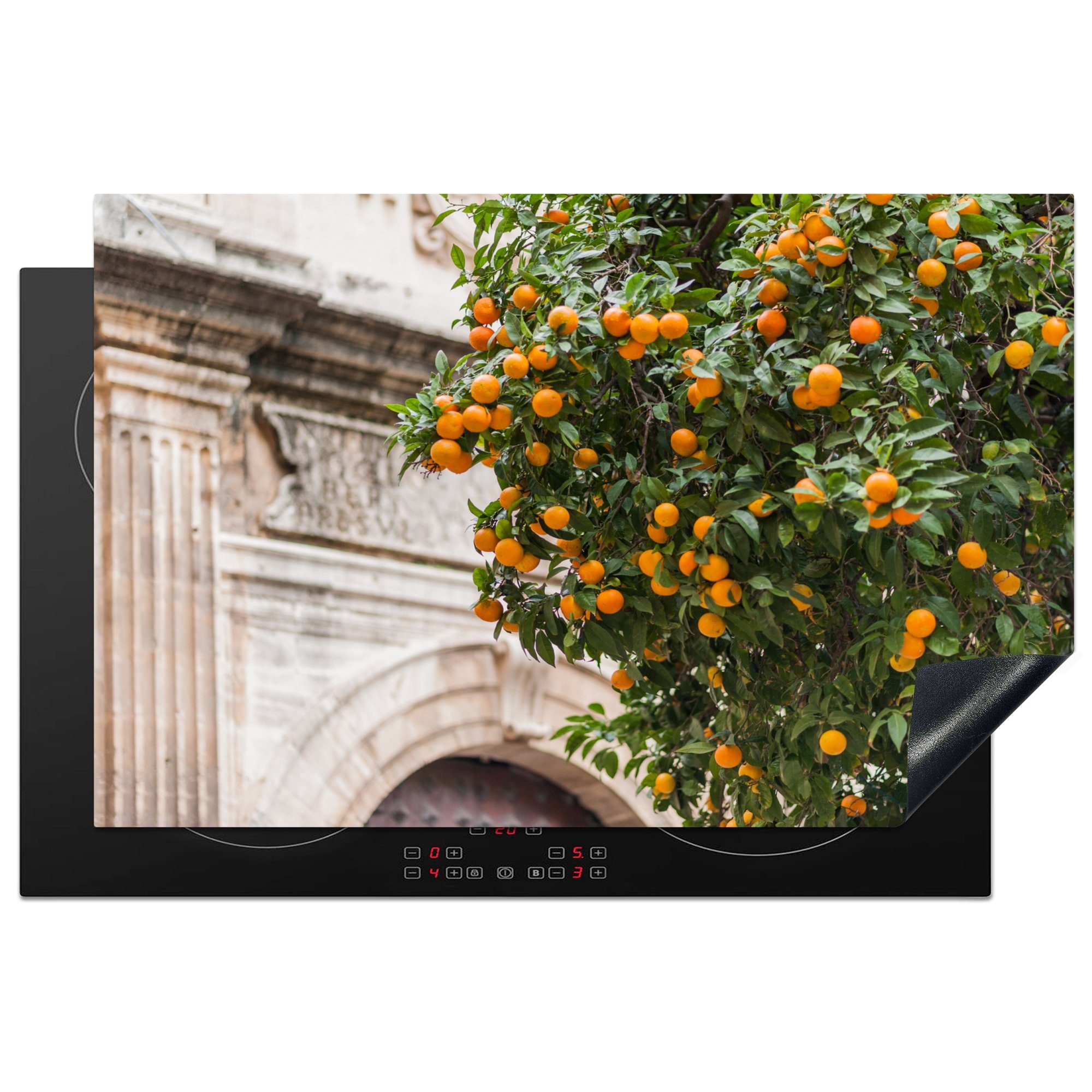 MuchoWow Herdblende-/Abdeckplatte Kathedrale von Málaga mit einem Orangenbaum, Vinyl, (1 tlg), 81x52 cm, Induktionskochfeld Schutz für die küche, Ceranfeldabdeckung