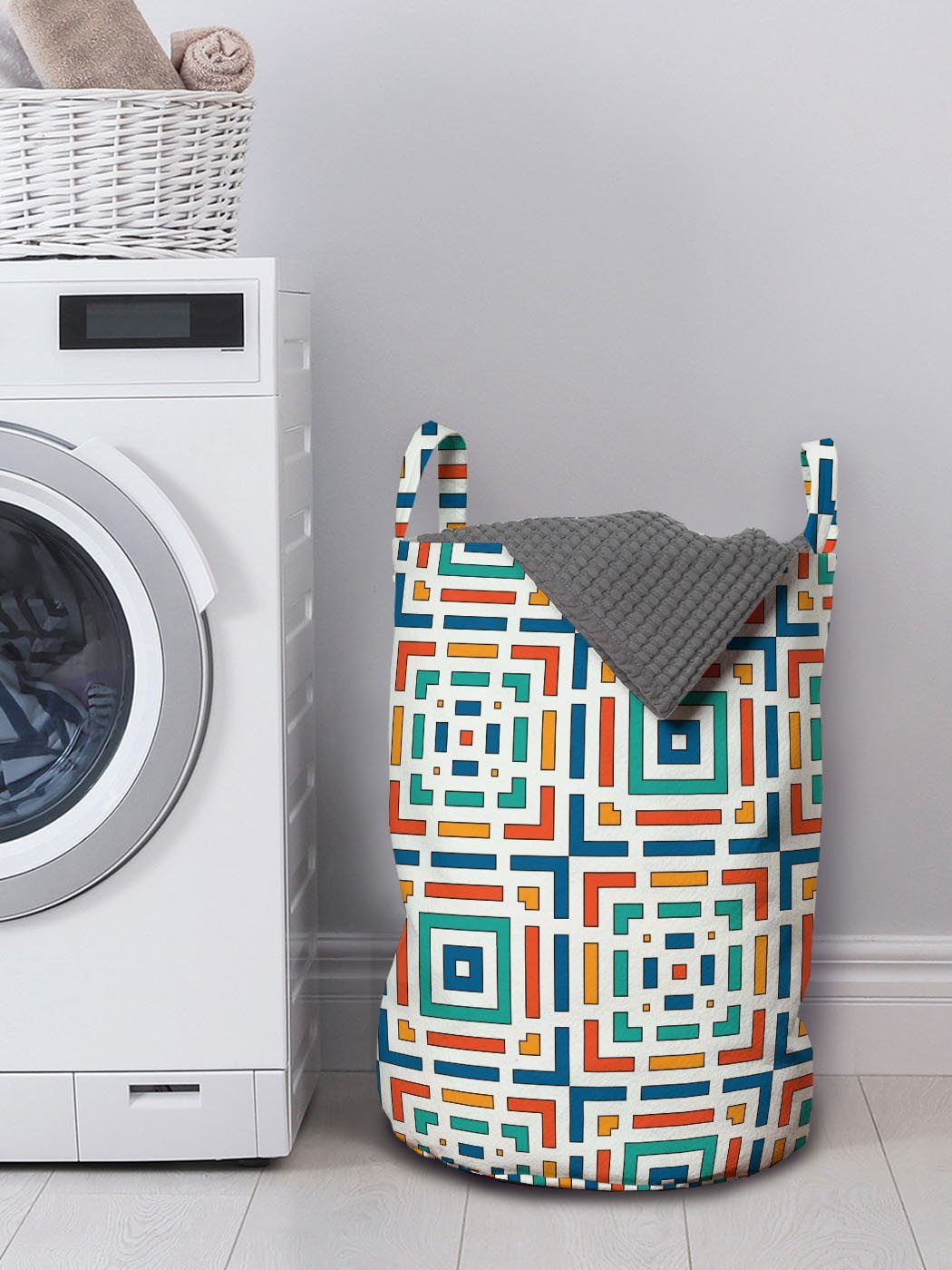 Streifen-Design Waschsalons, mit Abakuhaus für Griffen Wäschesäckchen Gewinkelten Wäschekorb Kordelzugverschluss Geometrisch