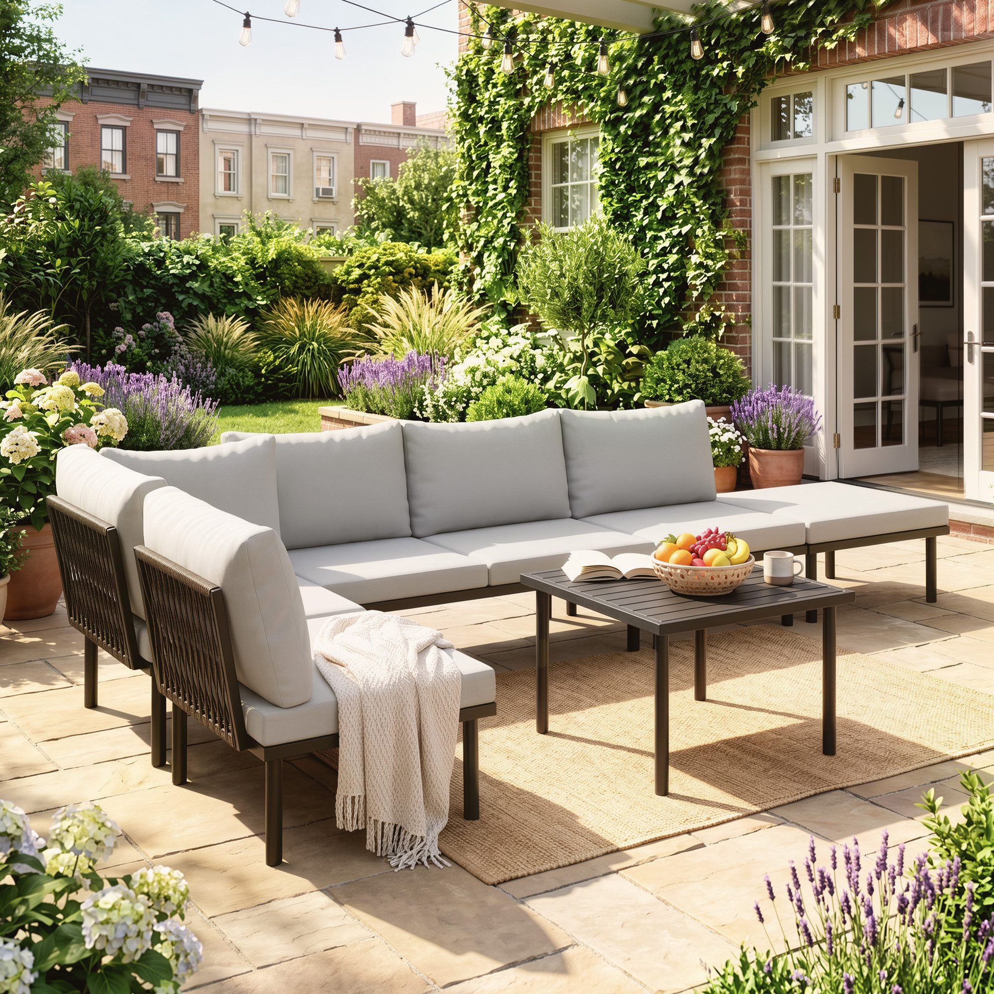 Outsunny Sitzgruppe Gartensofa mit 2 Sitzer 2 Stühle, Balkonmöbel Ecksofa Outdoor, (Gartenlounge Set, 6-tlg., Lounge Gartenmöbel Set), Hellgrau