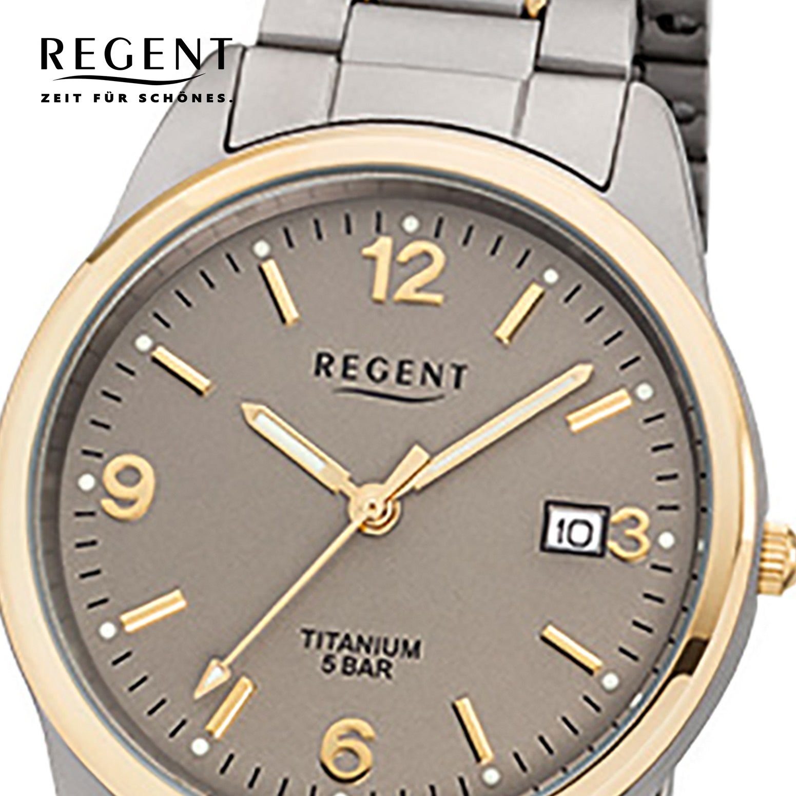rund, Titanarmband (ca. Regent silber Armbanduhr Quarzuhr Regent mittel gold, Herren Herren-Armbanduhr 36mm), grau