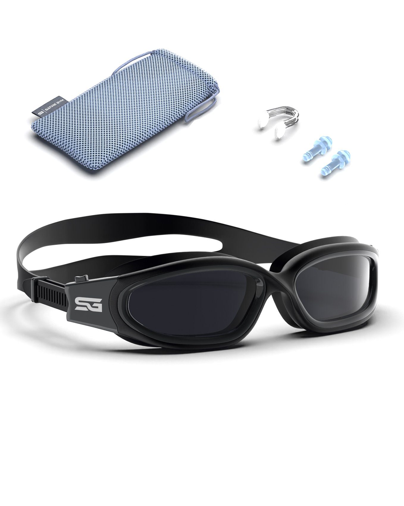 SATIRE GYM® Schwimmbrille Schwimmbrille für Herren polarisiert inkl.  Tasche, (Set bestehend aus Schwimmbrille + Softcase + Ohrstöpsel +  Nasenklammer), UV-Schutz & polarisiert