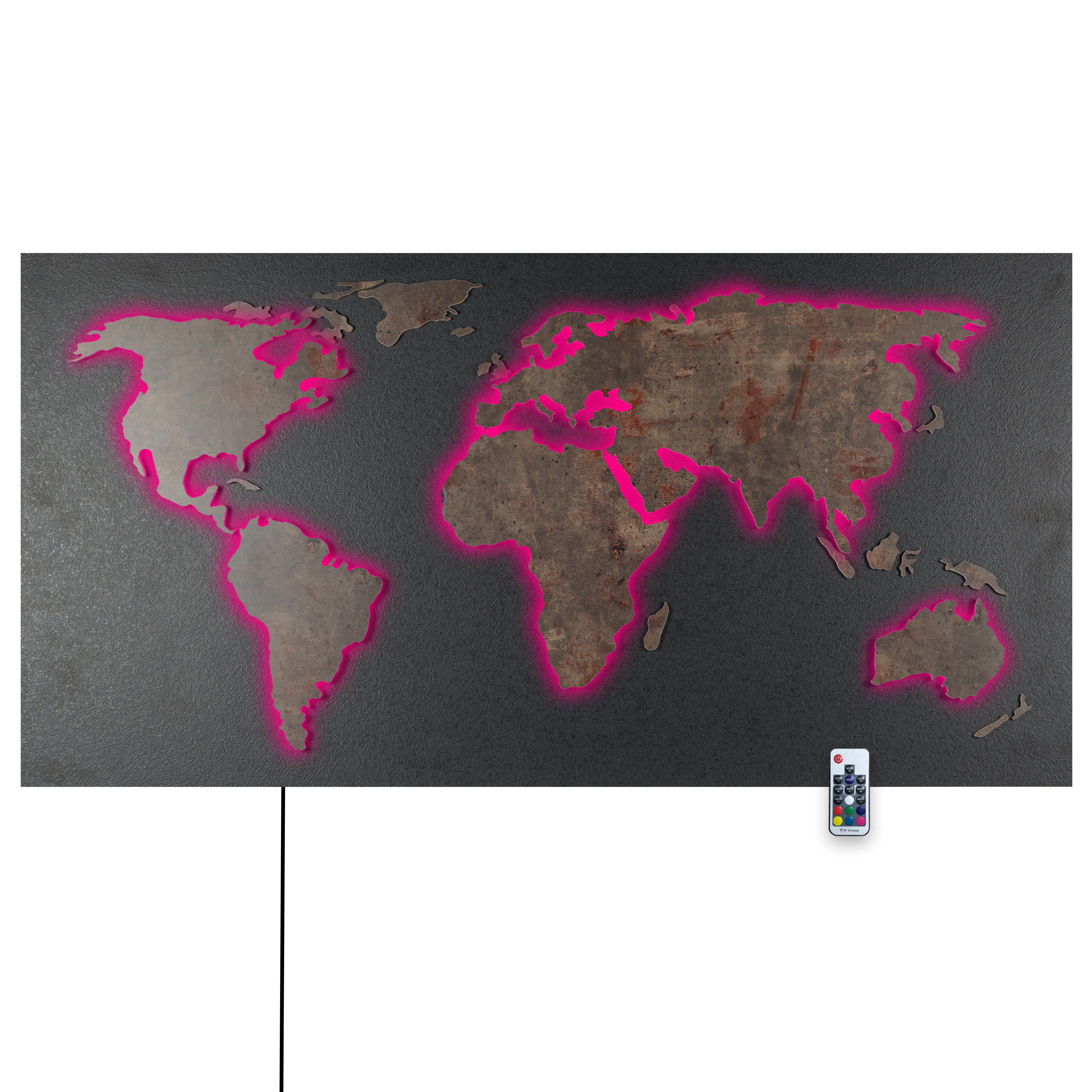 Edelrost mit umleuchtet STEIN-Optik 3D-Effekt, Fernbedienung MAPPA LUX steuerbaren Wanddekoobjekt Designer Rückplatte Länder Weltkarte Granit-Schwarz, 110x57cm bunt Kontinente ZENLED über RGB Objekt LEDs -