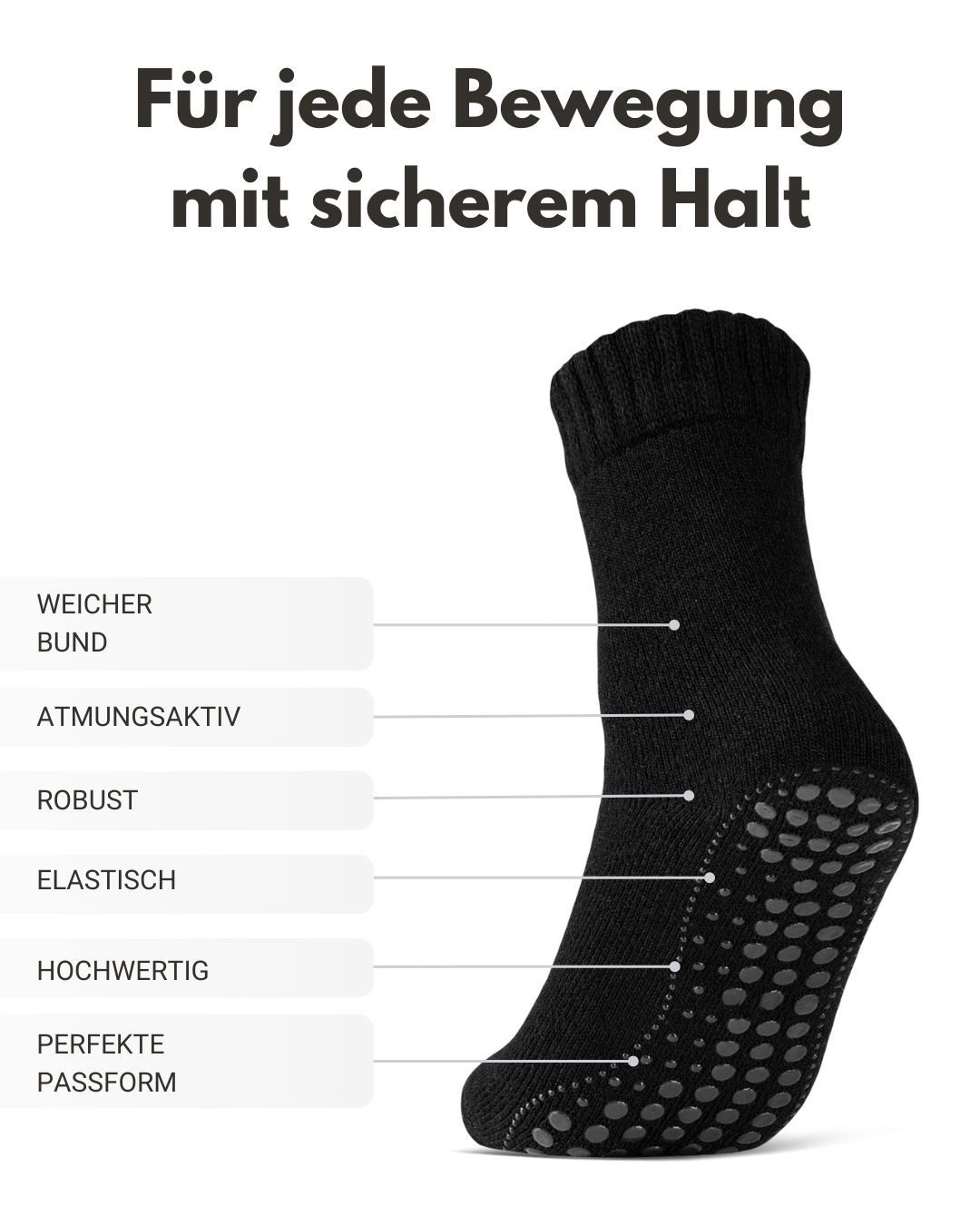 sockenkauf24 ABS-Socken Antirutschsocken warme Stoppersocken mit Wolle Vollfrottee (Schwarz, 2-Paar, 43-46) mit Komfortbund für Damen & Herren - 21463