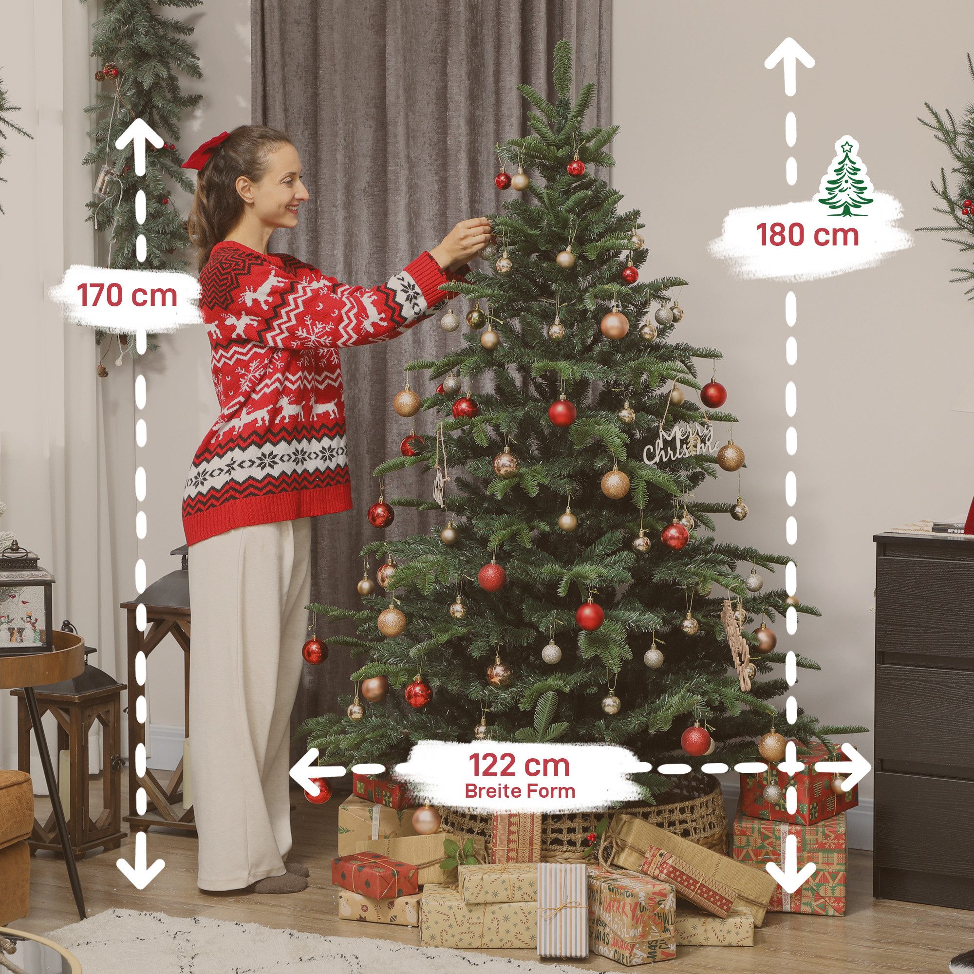 HOMCOM Künstlicher Weihnachtsbaum 180 cm Christbaum mit dichten Zweigen flammenhemmend, Tannenbaum, für Weihnachtsfest, Indoor, Grün