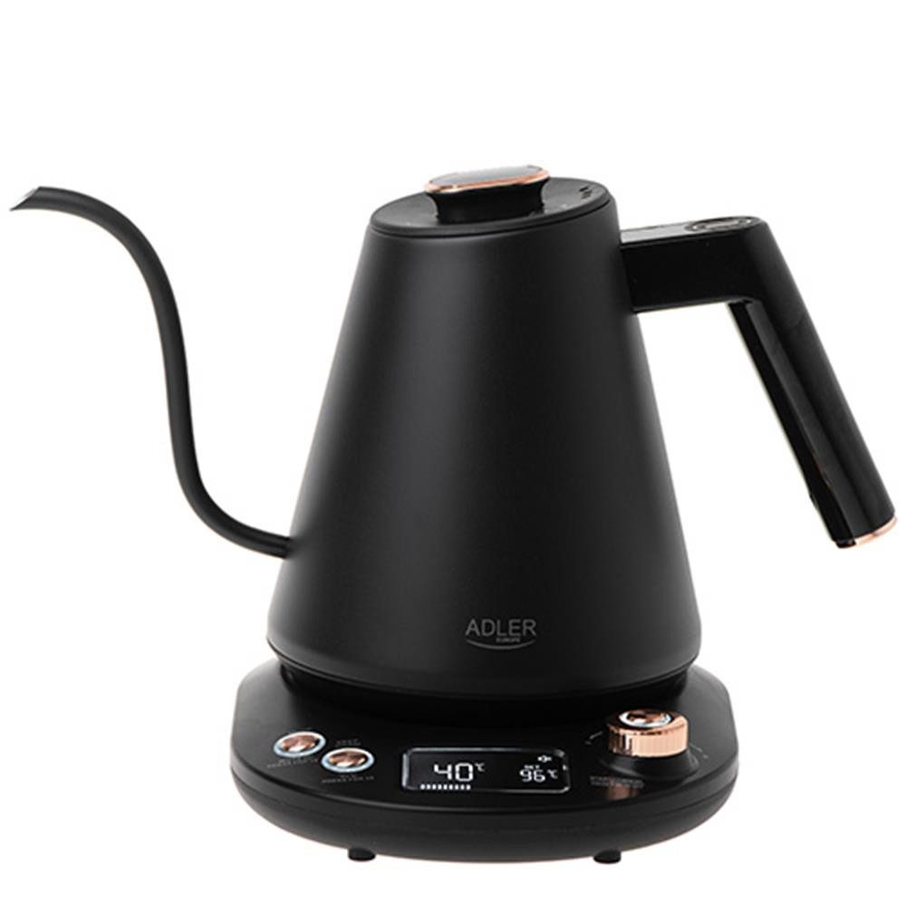 ADLER EUROPE Wasserkocher AD 1349 Schwanenhals-Wasserkocher mit Temperatursteuerung 40-100°C, 1 l, 1100 W, Warmhaltefunktion, Edelstahlgehäuse, 360° Basis Schwarz/Gold