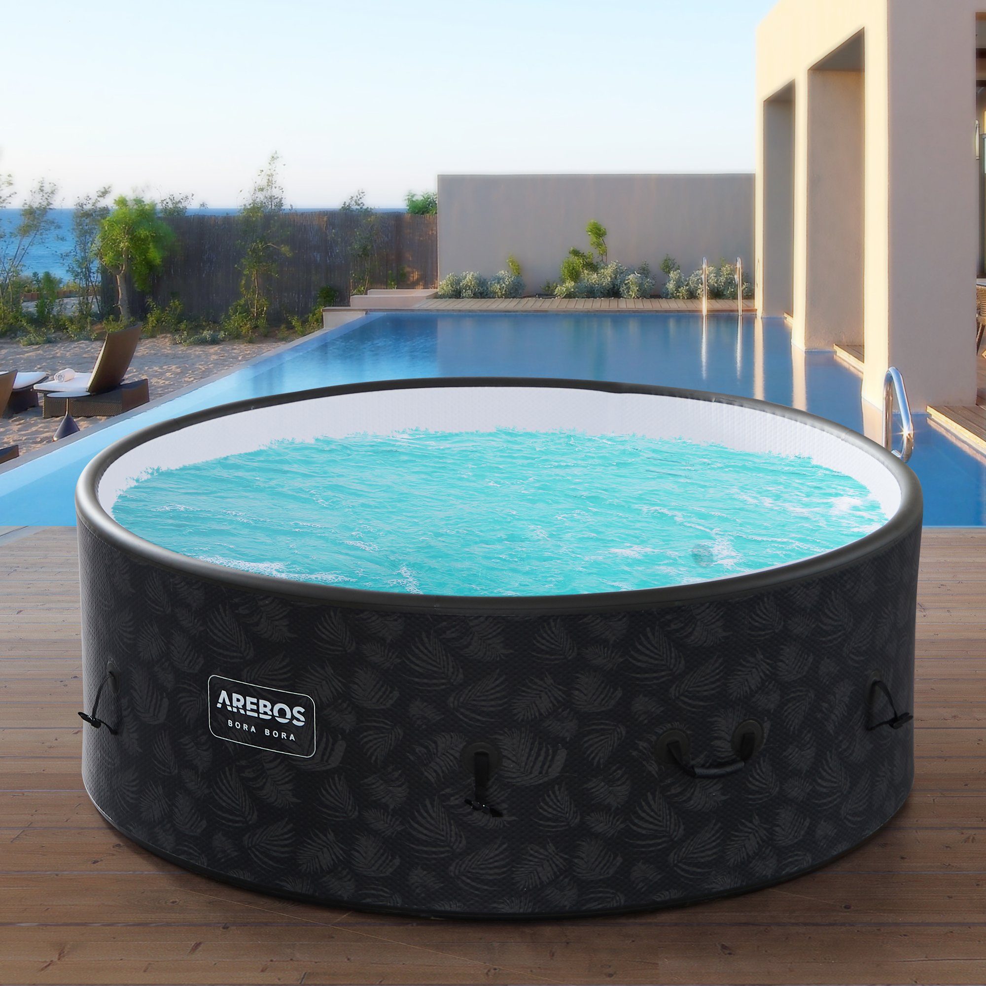 Arebos Whirlpool », aufblasbar, In- & Outdoor, 7 Personen, Drop-Stitch, 130  Massagedüsen, mit Heizung, 1120 Liter, Inkl. Abdeckung, Bubble Spa &... |  Gartenhelden-Online