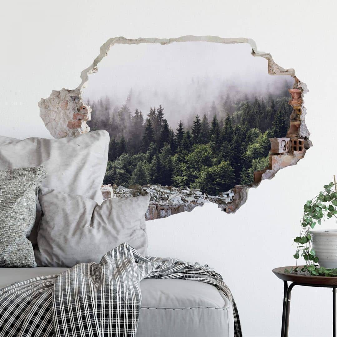 K&L Wall Art Wandtattoo 3D Wandtattoo Schwarzwald Aufkleber Vintage Nebliger Wald Nadelwald, Mauerdurchbruch Wandbild selbstklebend