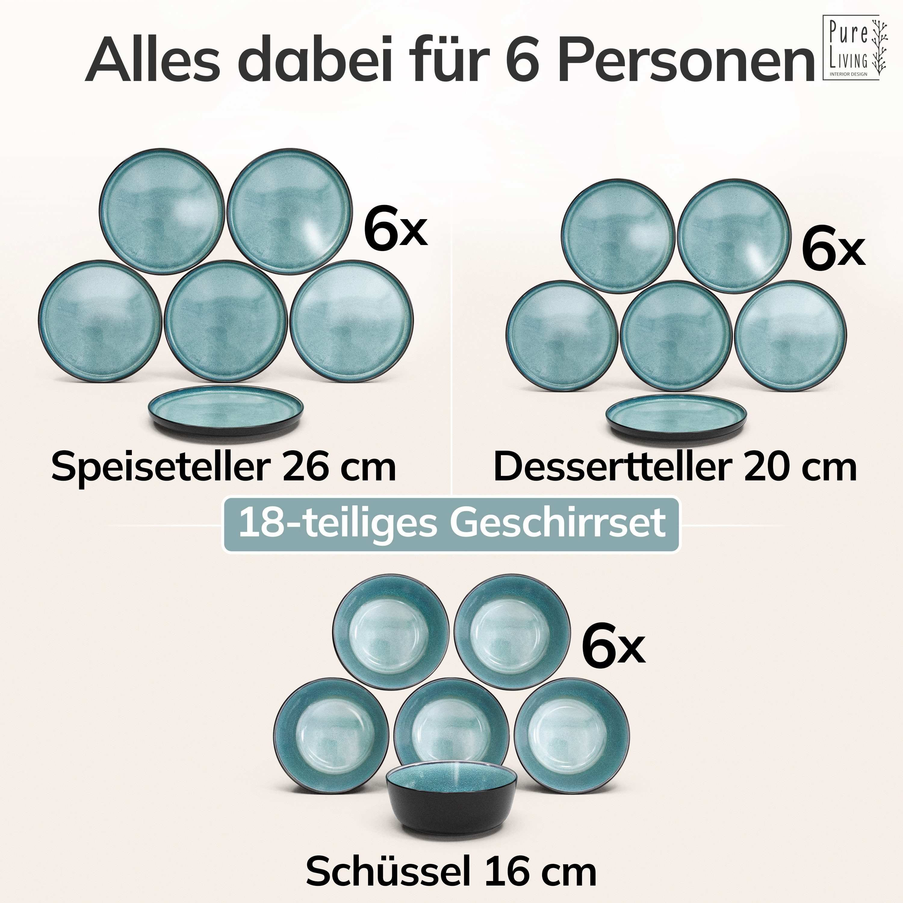 PURE LIVING INTERIOR DESIGN Geschirr-Set Ibiza aus Steingut, 18-tlg., für 6 Personen, Petrol (18-tlg), 6 Personen, Steingut – Bild 5 von 5