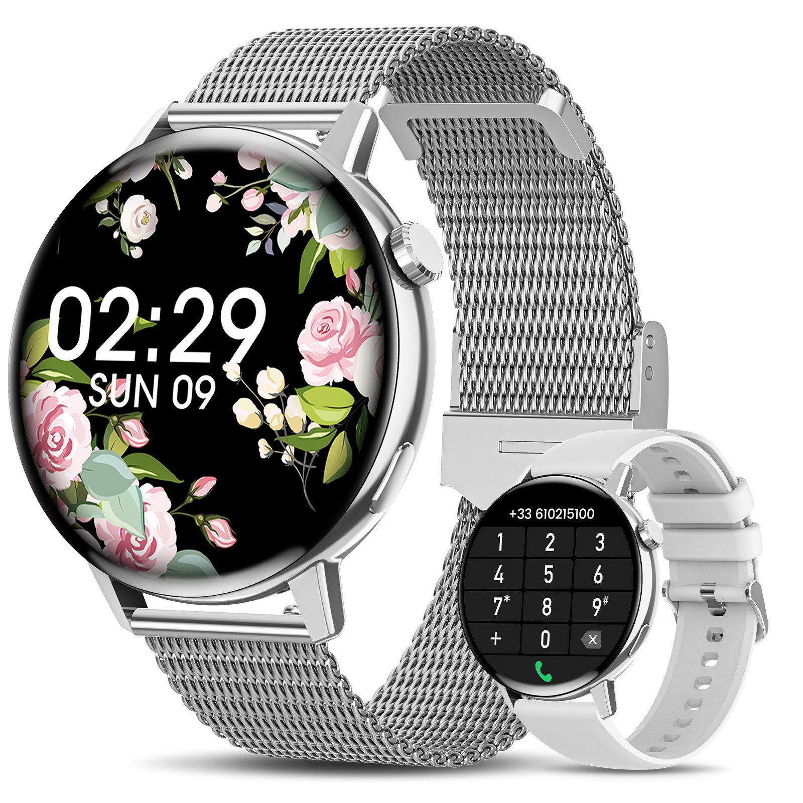 Sanorum Smartwatch Damen mit Telefonfunktion Smartwatch (3,35 cm/1,32 Zoll, HD Voll AMOLED Touch Screen) Armbanduhr mit SpO2 Pulsuhr Menstruationszyklus, Schlafmonitor Schrittzähler Kalorien Fitness Tracker, IP68 Wasserdicht, für iOS Android