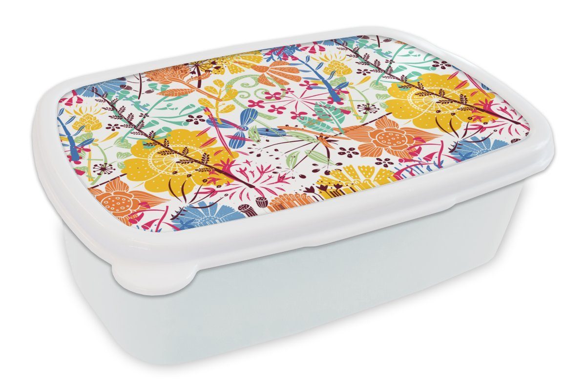 MuchoWow Lunchbox Blumen - Pflanzen - Regenbogen - Muster, Kunststoff, (2-tlg), Brotbox für Kinder und Erwachsene, Brotdose, für Jungs und Mädchen weiß