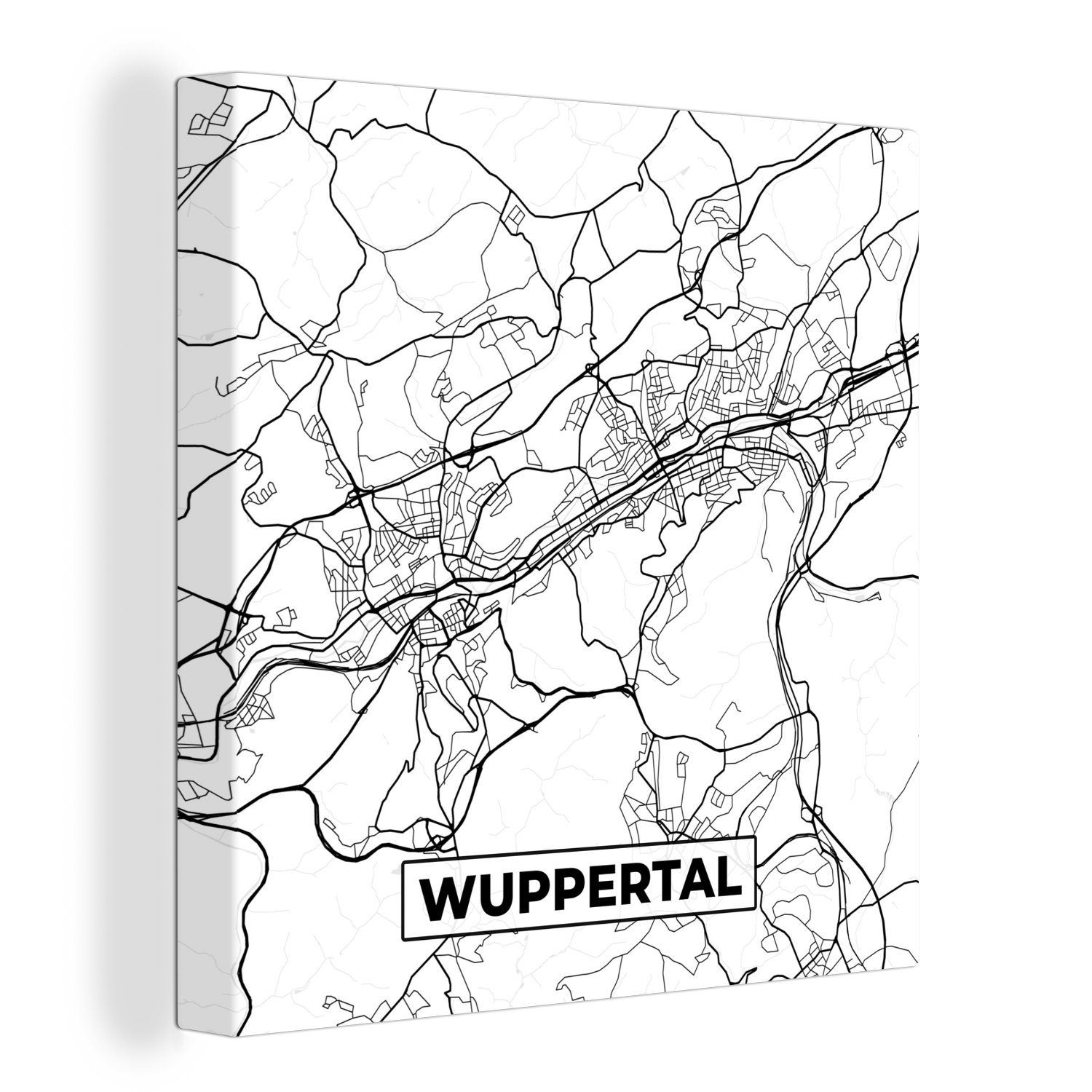 OneMillionCanvasses® Leinwandbild Karte - Wuppertal - Karte - Stadtplan, (1 St), Leinwand Bilder für Wohnzimmer Schlafzimmer
