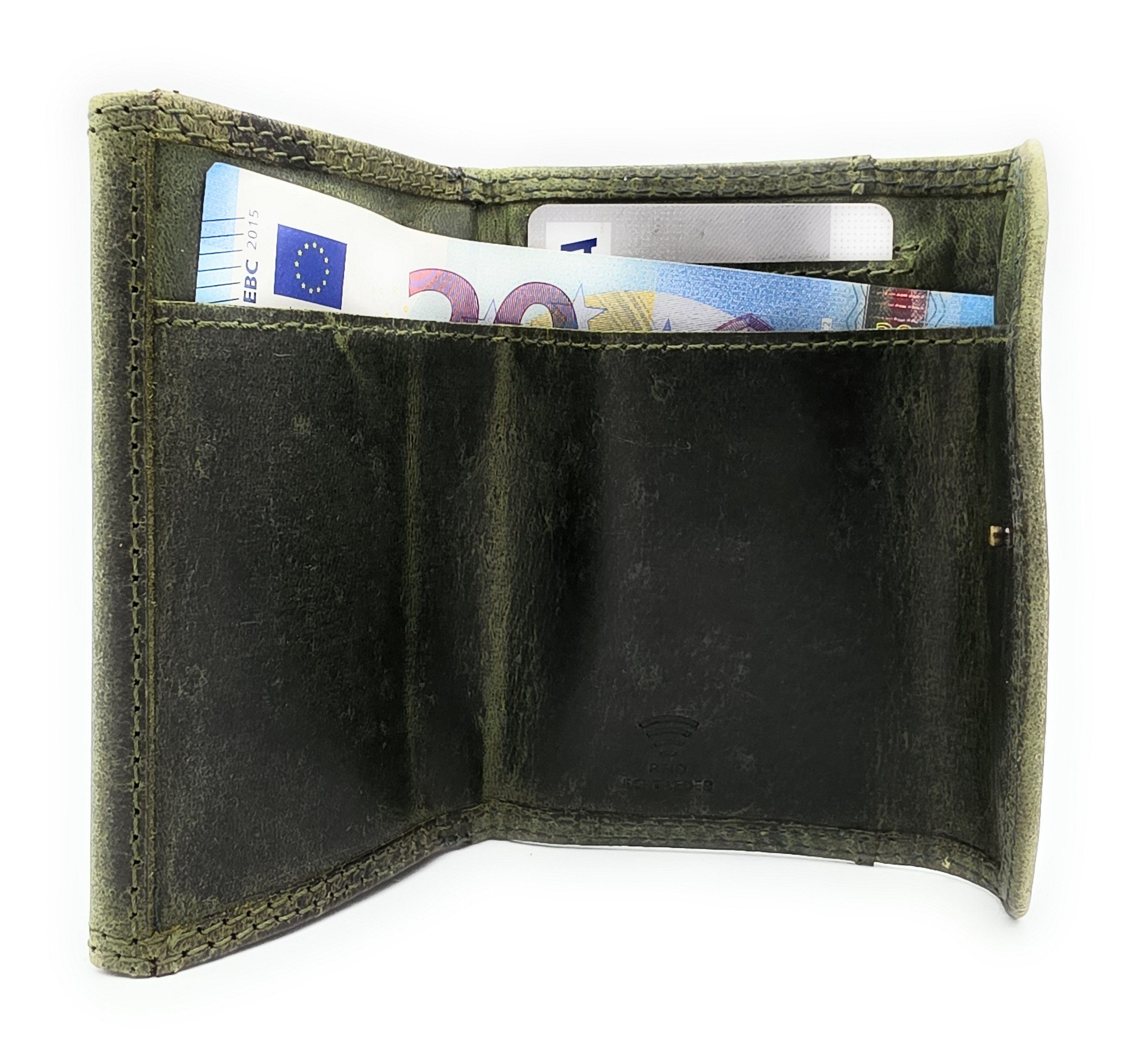 Lemasi Mini Geldbörse kleines echt Leder Portemonnaie, Urlaubsbörse mit RFID Schutz, Wickelbörse mit Münzfach, Scheinfach, Kartenfach, Hunterleder