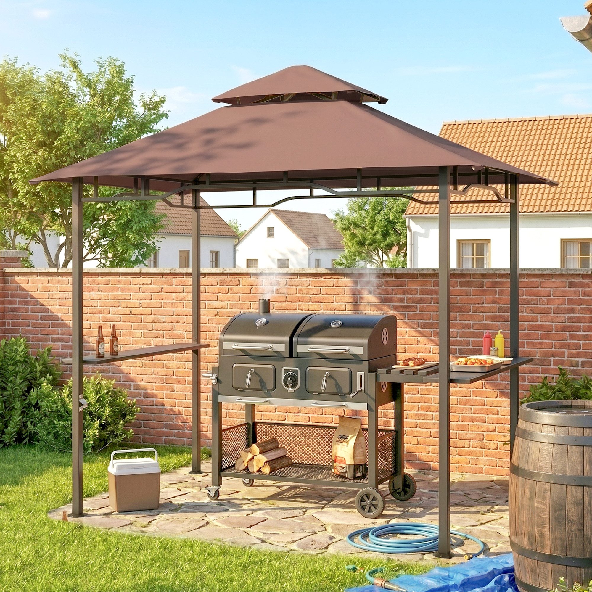 Outsunny Grillpavillon Grill Pavillon mit Ablagen Flammhemmendes Doppeldach, mit 4 Seitenteilen, (Gartenzelt, Grillpavillon), für Garten, Balkon, Kaffeebraun
