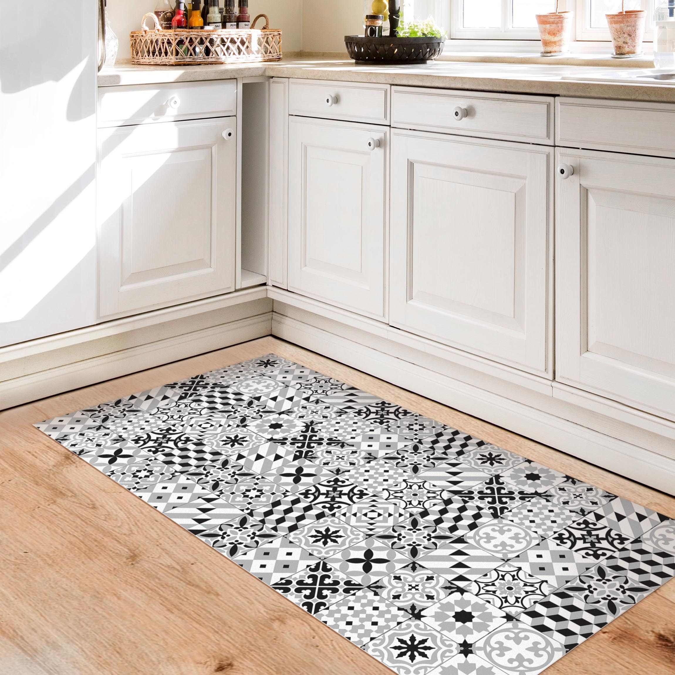 Bilderdepot24 Teppich Teppich Vinyl Flur Küche Fliesen Muster funktional lang modern, Läufer - schwarz weiß glatt, nass wischbar (Schmutz, Tierhaare) Saugroboter & Bodenheizung geeignet