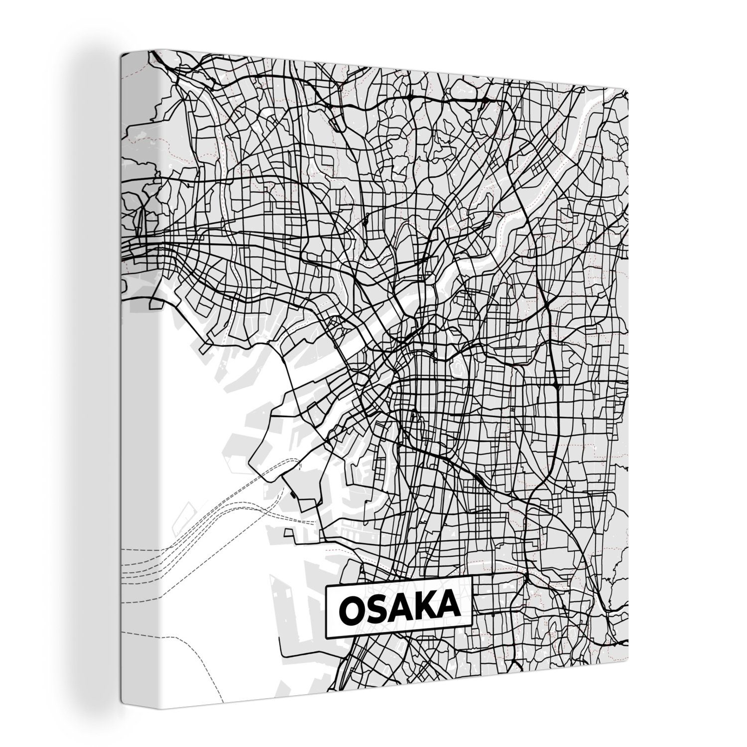 Osaka Bilder St), - OneMillionCanvasses® für Karte, - (1 Leinwand und Stadtplan - weiß Wohnzimmer Schwarz Leinwandbild Schlafzimmer