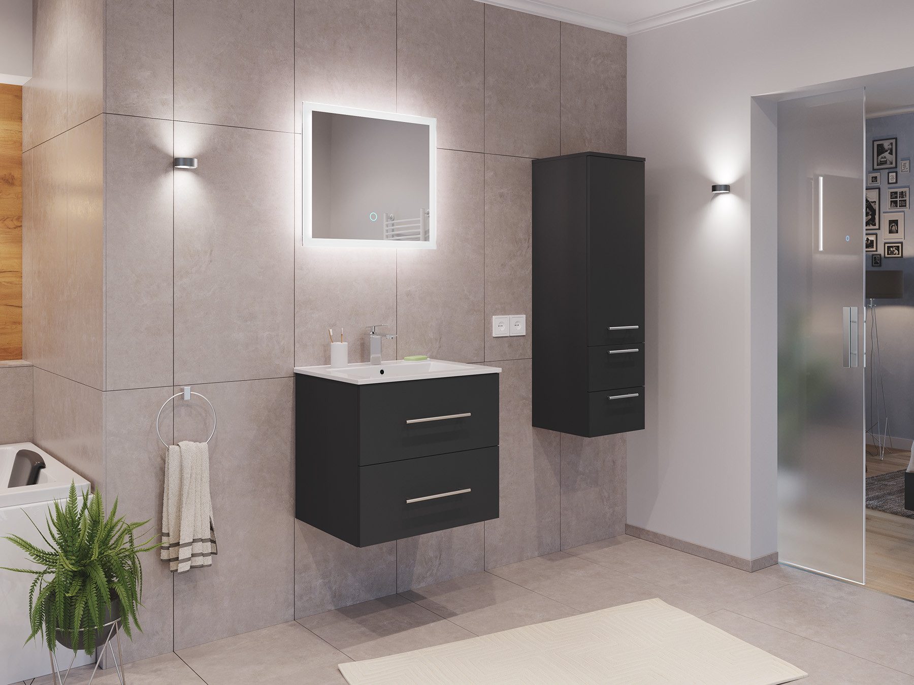 Magnolia Home Waschtisch Badmöbel Set Firenze 60 3tlg. LED Spiegel und Seitenschrank grafit