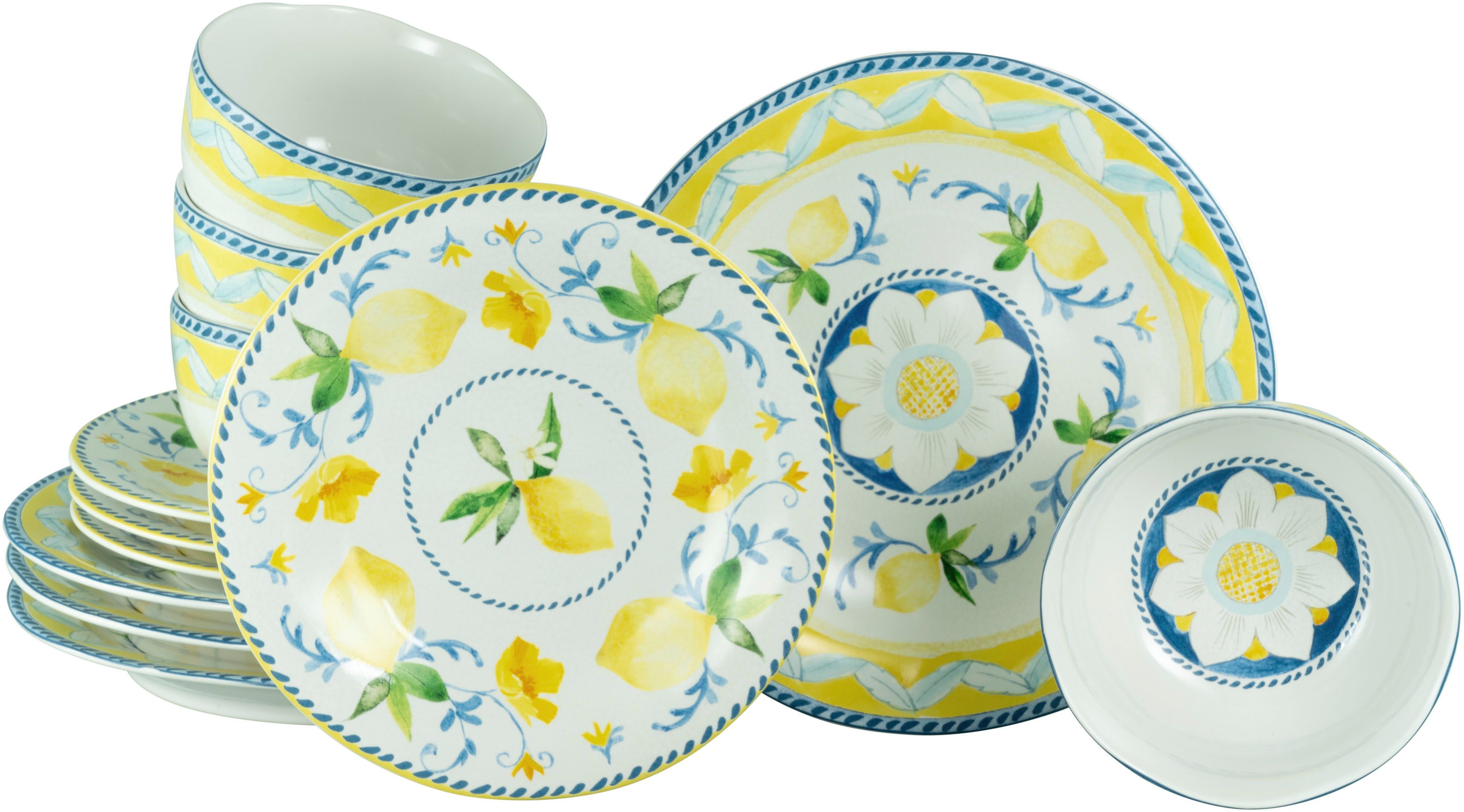 CreaTable Teller-Set Lemona, Tellerset 12-tlg (12-tlg), 4 Personen, Steinzeug, Handgemalte italienische Keramik