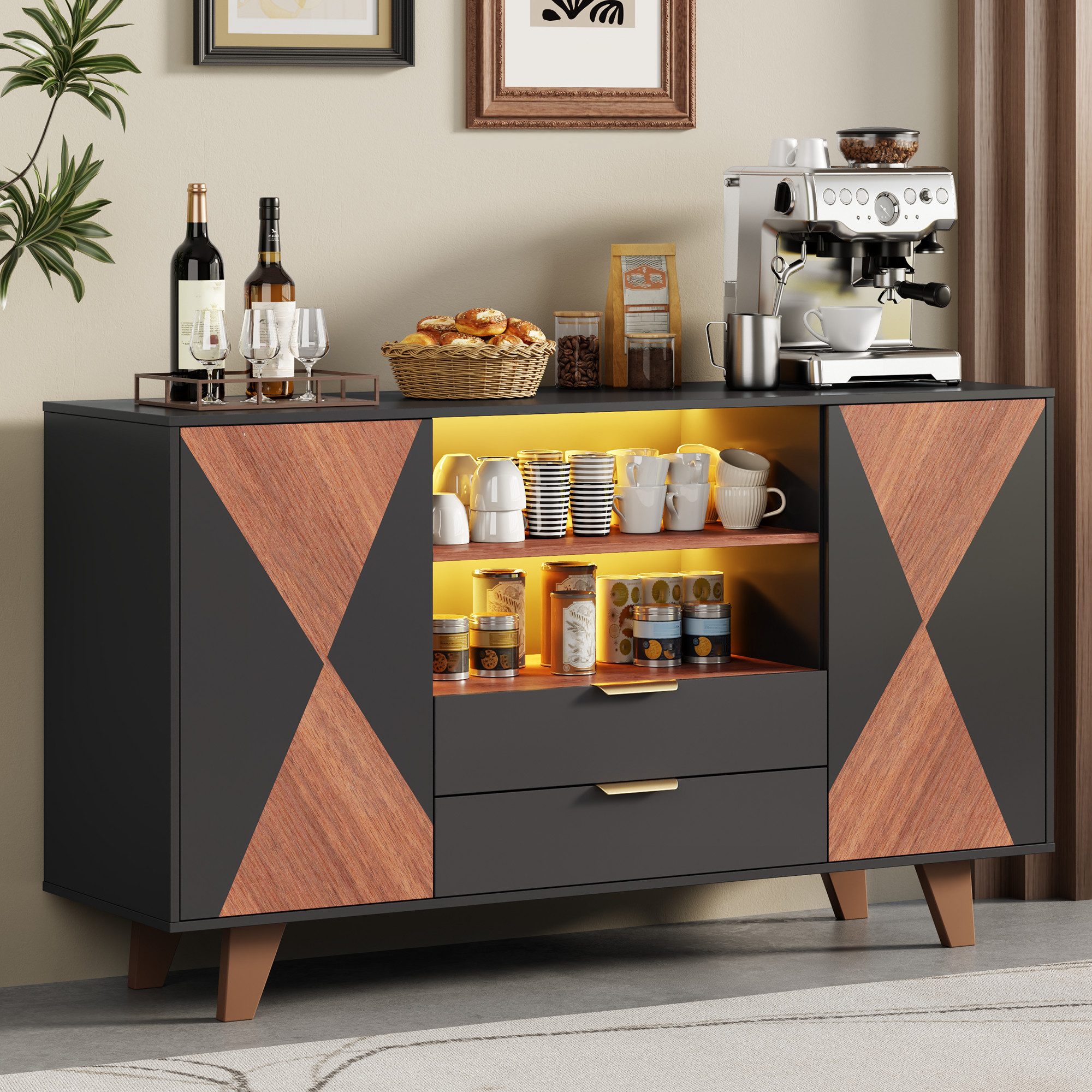 Flieks Kommode Sideboard mit LED-Beleuchtung, Schubladen, verstellbaren Einlegeböden (1 St., 150x40x90 cm), Küchenschrank Multifunktionsschrank geometrisch Front Schwarz&Natur